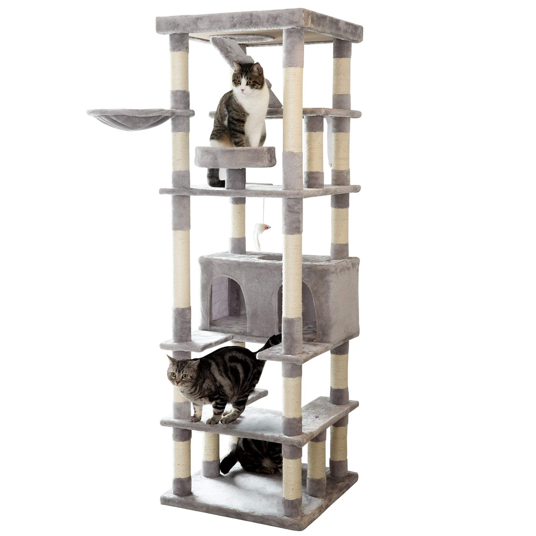 Mwpo 74.8 Inches Large Cat Tree With Sisal-Covered Scratching Posts & Condo, Tall Cat Tower Entertainment Playground Furniture For Cats & Kittens - Multiple Colors-Light Gray