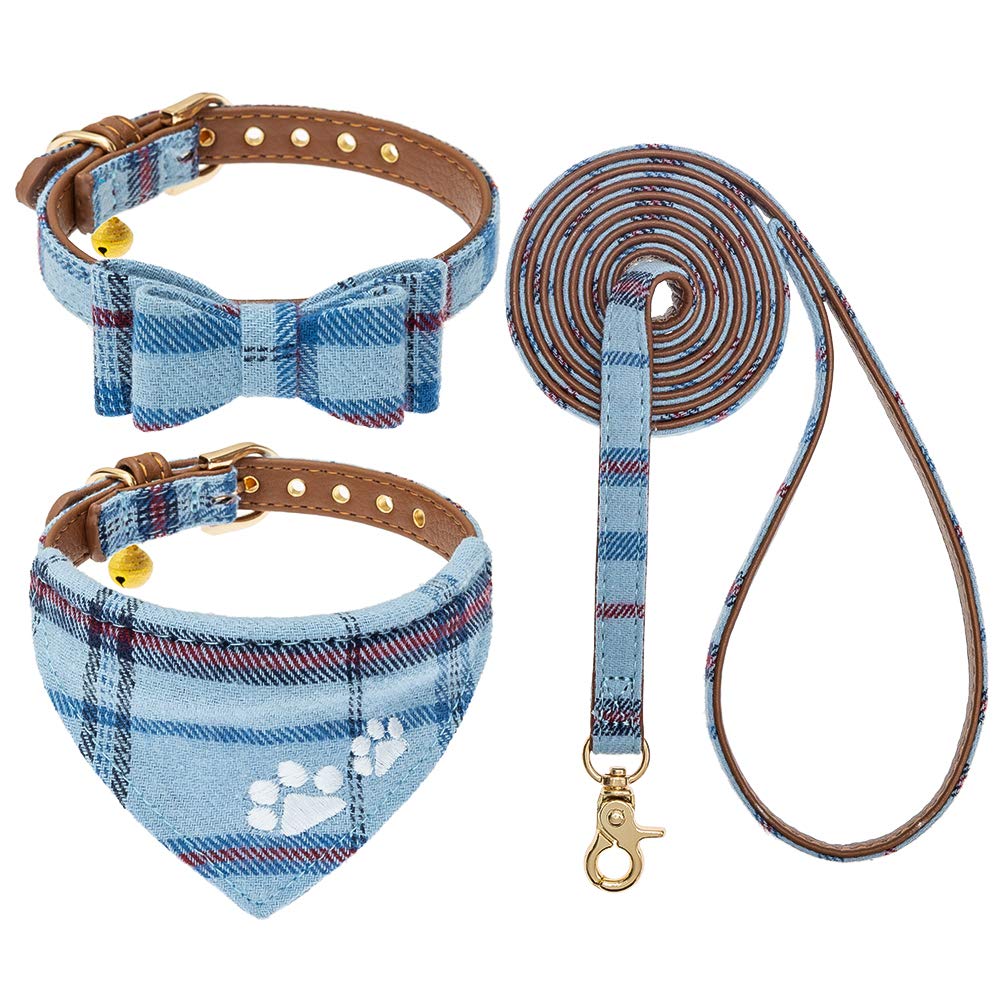 Expawlorer Puppy Collar And Leash Set - Embroidery Pawprints Plaid Dog Collar And Dog Leash Set, Bow Tie And Bandana Dog Collar With Bell, Cute Collar And Leash For Dogs Cats Outdoor Walking, Blue Xs