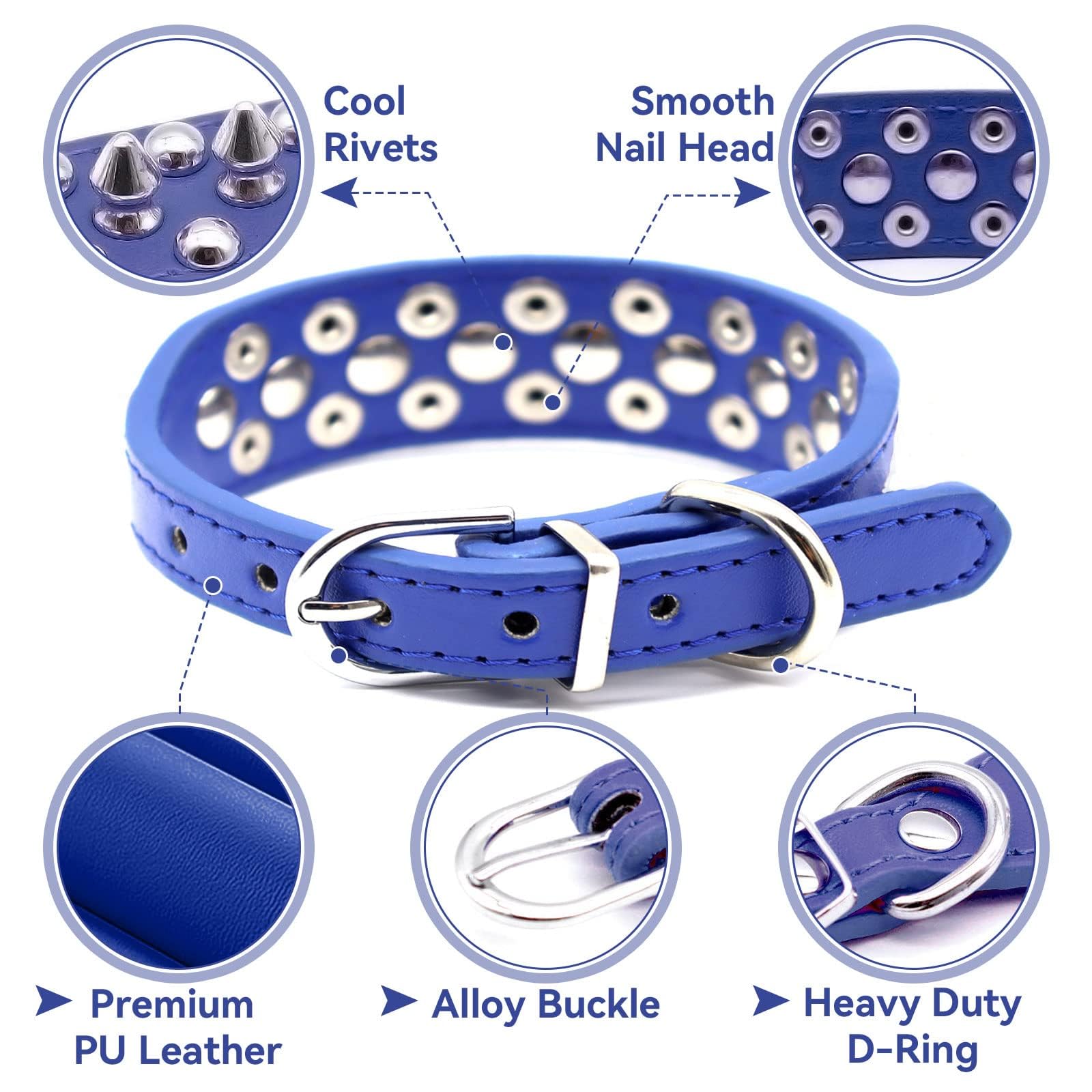 Doggyzstyle Small Spiked Blue Dog Cat Collar For Small Medium Dogs Boy Male - Adjustable Studded Puppy Collars - Soft Padded Pun