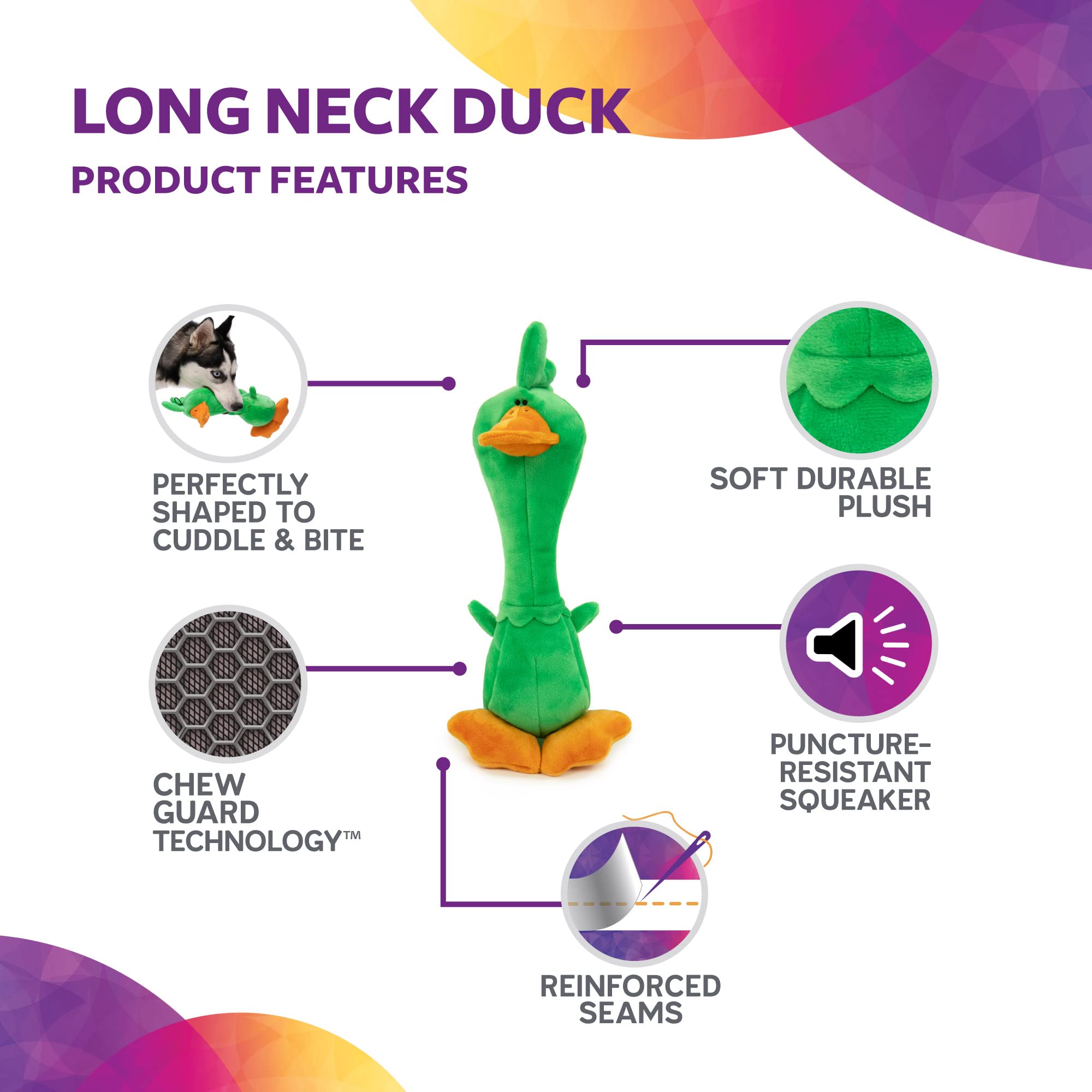 Trustypup Tough 'N Fun Long Neck Duck Squeaky Plush Dog Toy, Chew Guard Technology - Green, Large