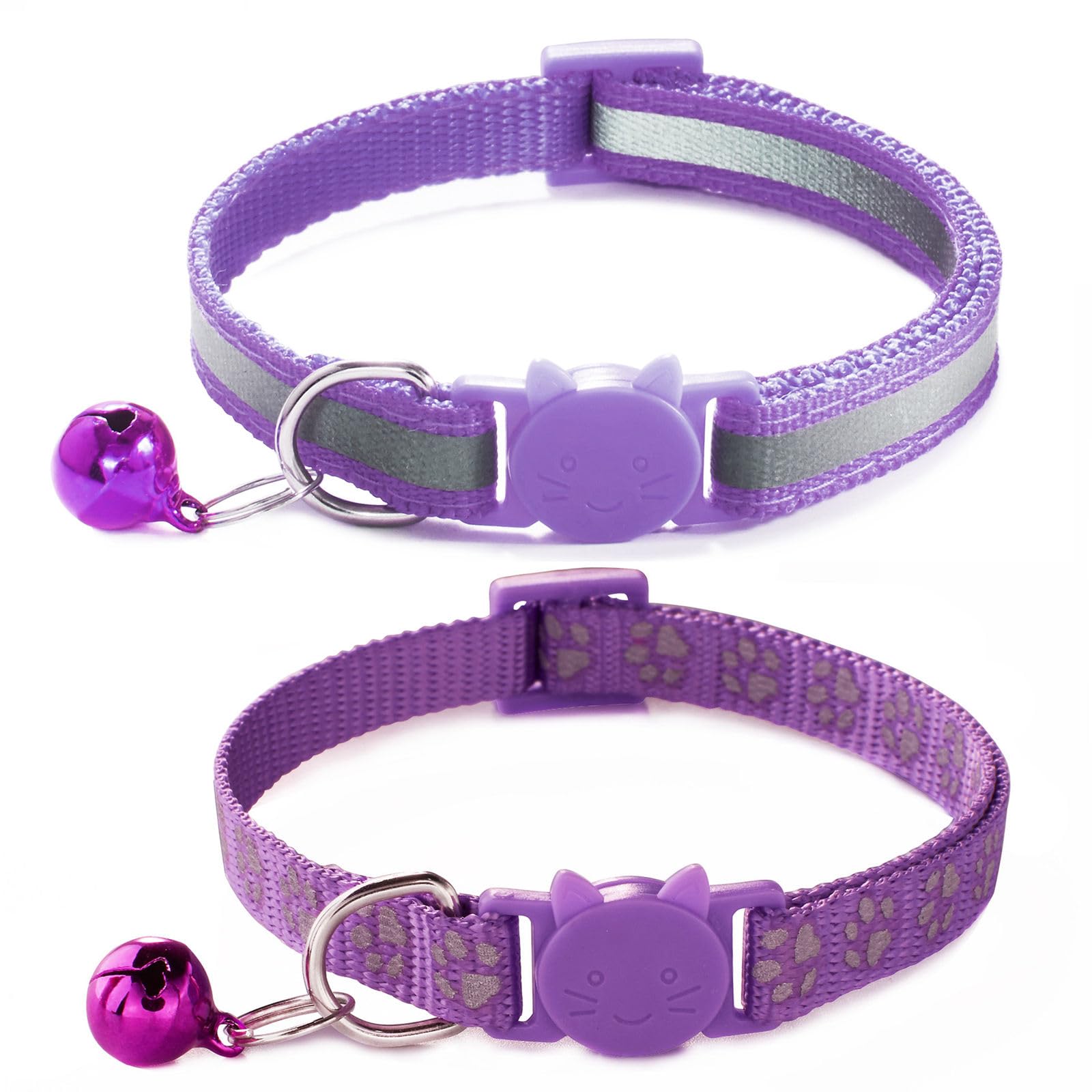 Purple Break Away Cat Collar With Bells, [2 Pack] Breakaway Kitten Collar With Bells, Reflective Cat Collar For Girl Cats Kitty