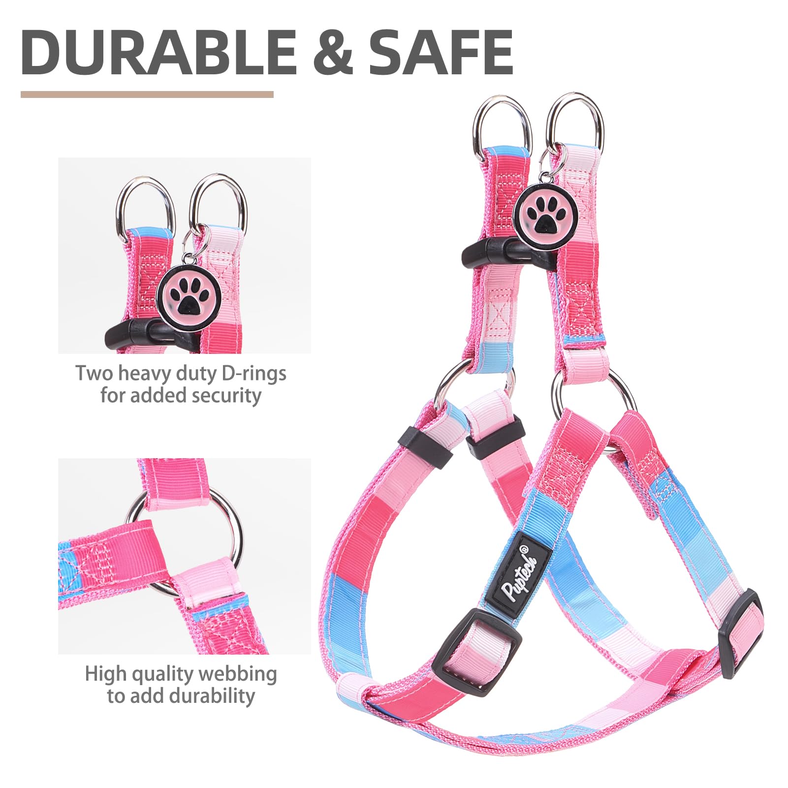 Pupteck No Pull Dog Harness Soft Adjustable Basic Nylon Step In Puppy Vest Outdoor Walking With Id Tag, Striped Pink, M