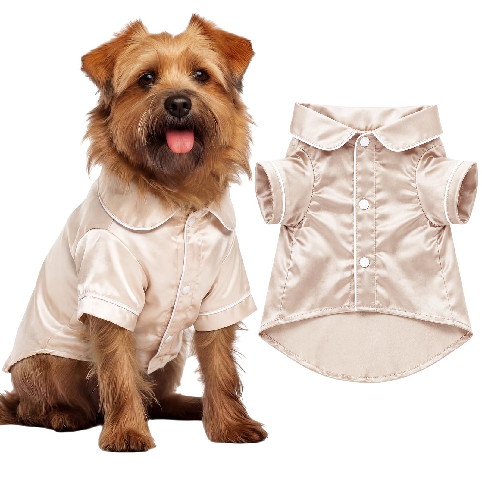 Cosblank Dog Silk Pajamas Shirts Puppy Satin Pjs Pet Sleepwear Soft Faux Silk Lapel Two-Legged for Small Dogs Bridal Party(M,Cha