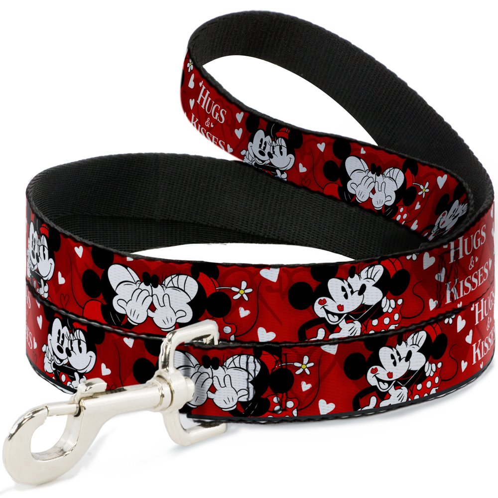 Dog Leash Mickey Minnie Hugs Kisses Poses Reds White 4 Feet Long 1.0 Inch Wide