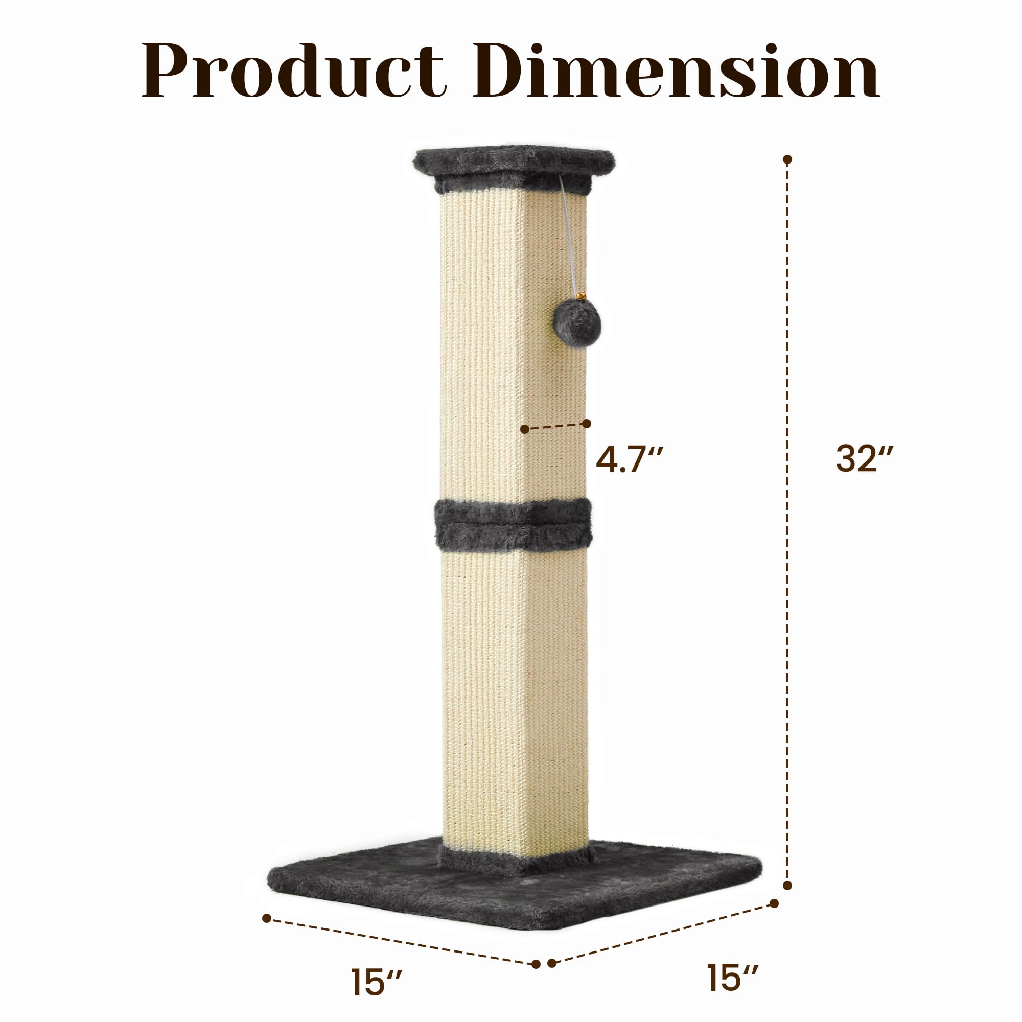 Fansafurn Cat Scratching Post with Hanging Toy Ball, 32-Inch Tall Sisal Cat Scratcher for Indoor Cats, Grey