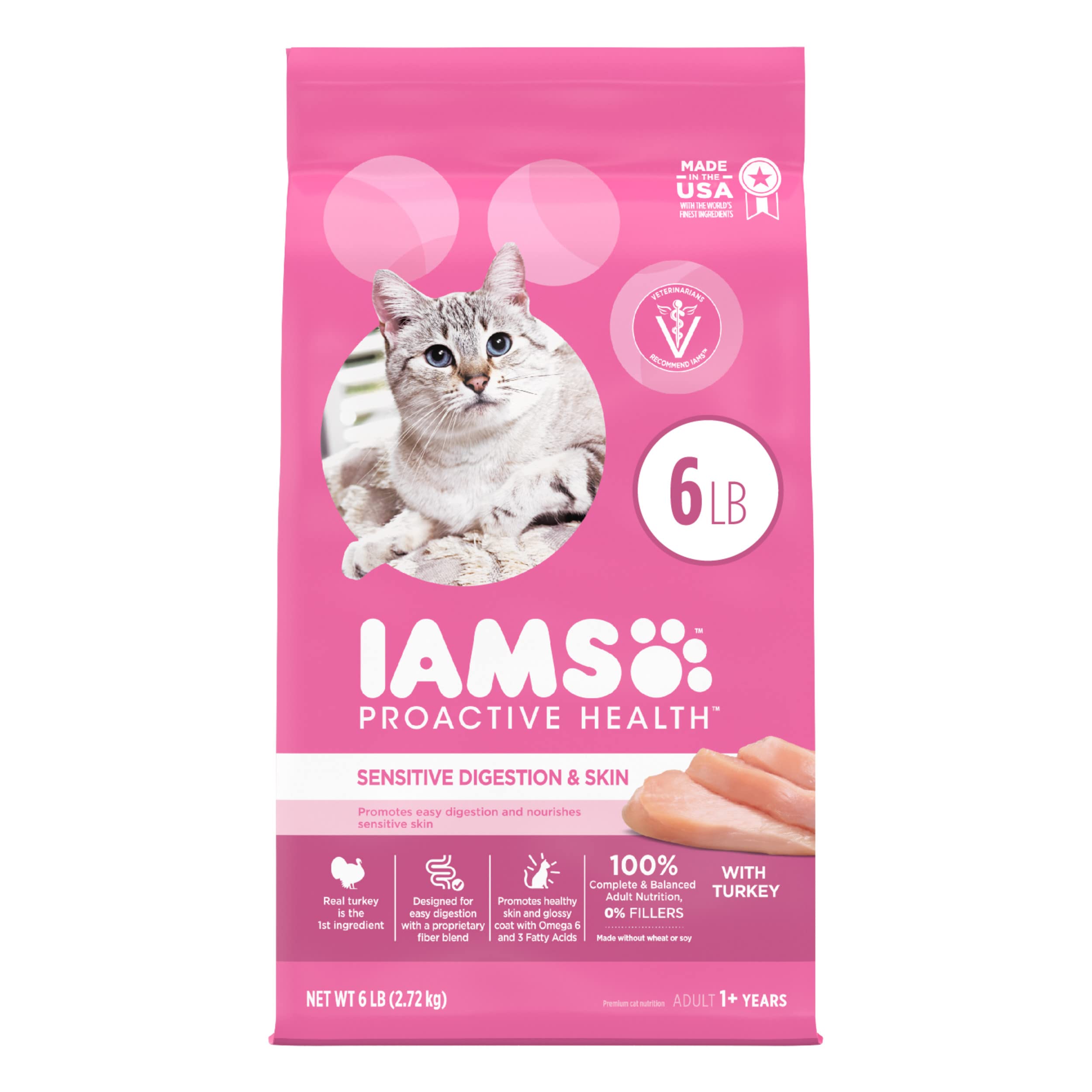 IAMS Proactive Health Adult Sensitive Digestion & Skin Dry Cat Food with Turkey, 6 lb. Bag