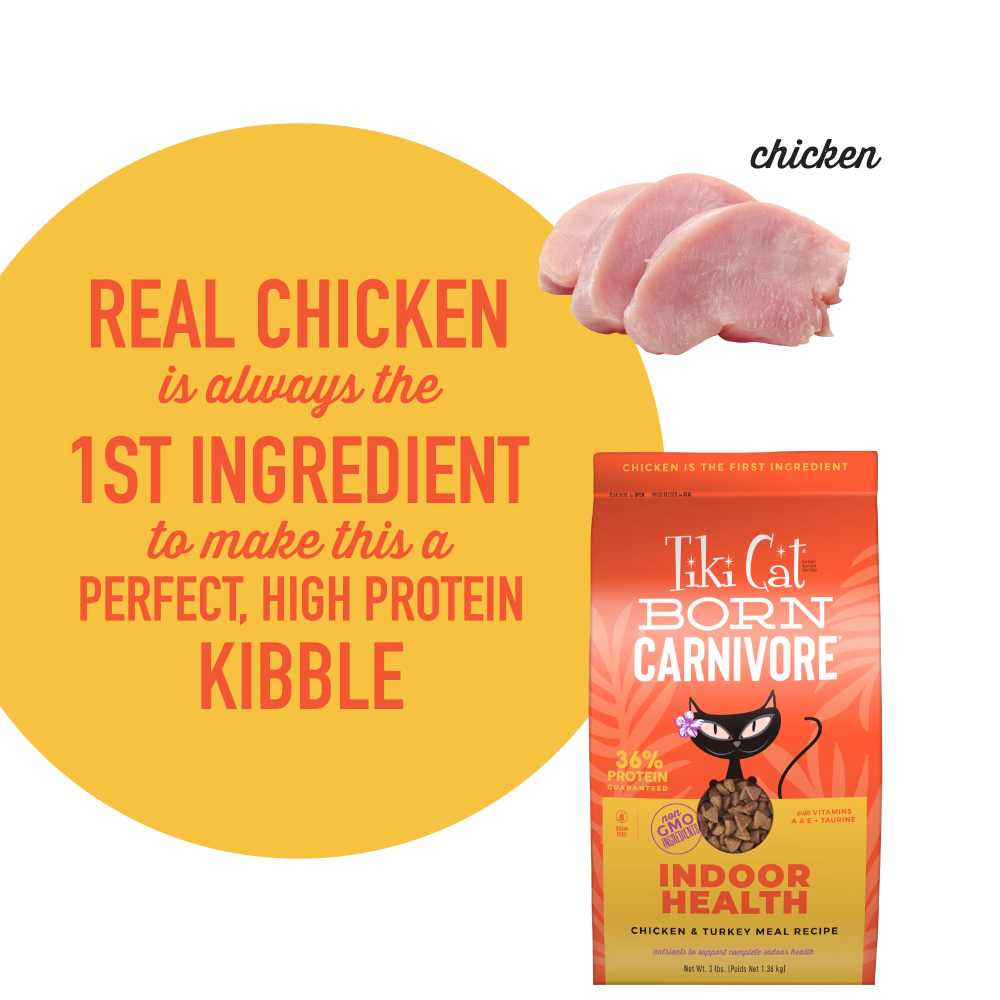 Tiki Cat Born Carnivore High Protein, Indoor Health, Chicken and Turkey Meal Recipe, Grain-Free Baked Kibble to Maximize Nutrien