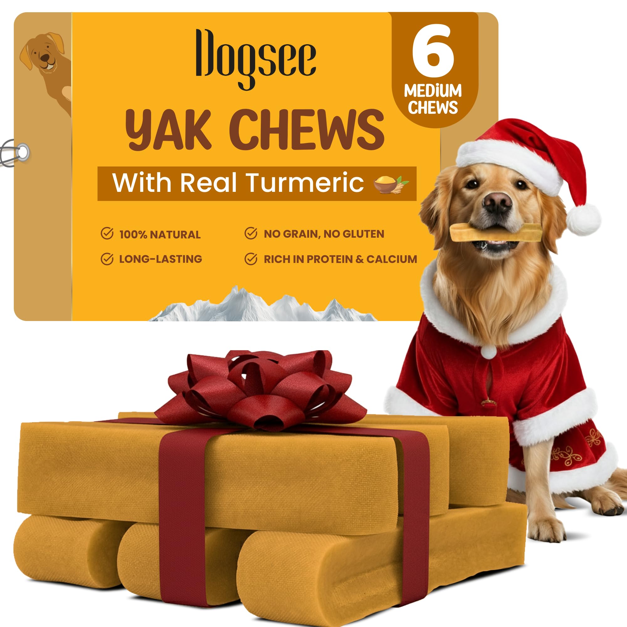 Dogsee Himalayan Yak Cheese Dog Chews with Turmeric/Curcumin (Medium - 6Chew) | Long Lasting | Anti-inflammatory | Fights Plaque
