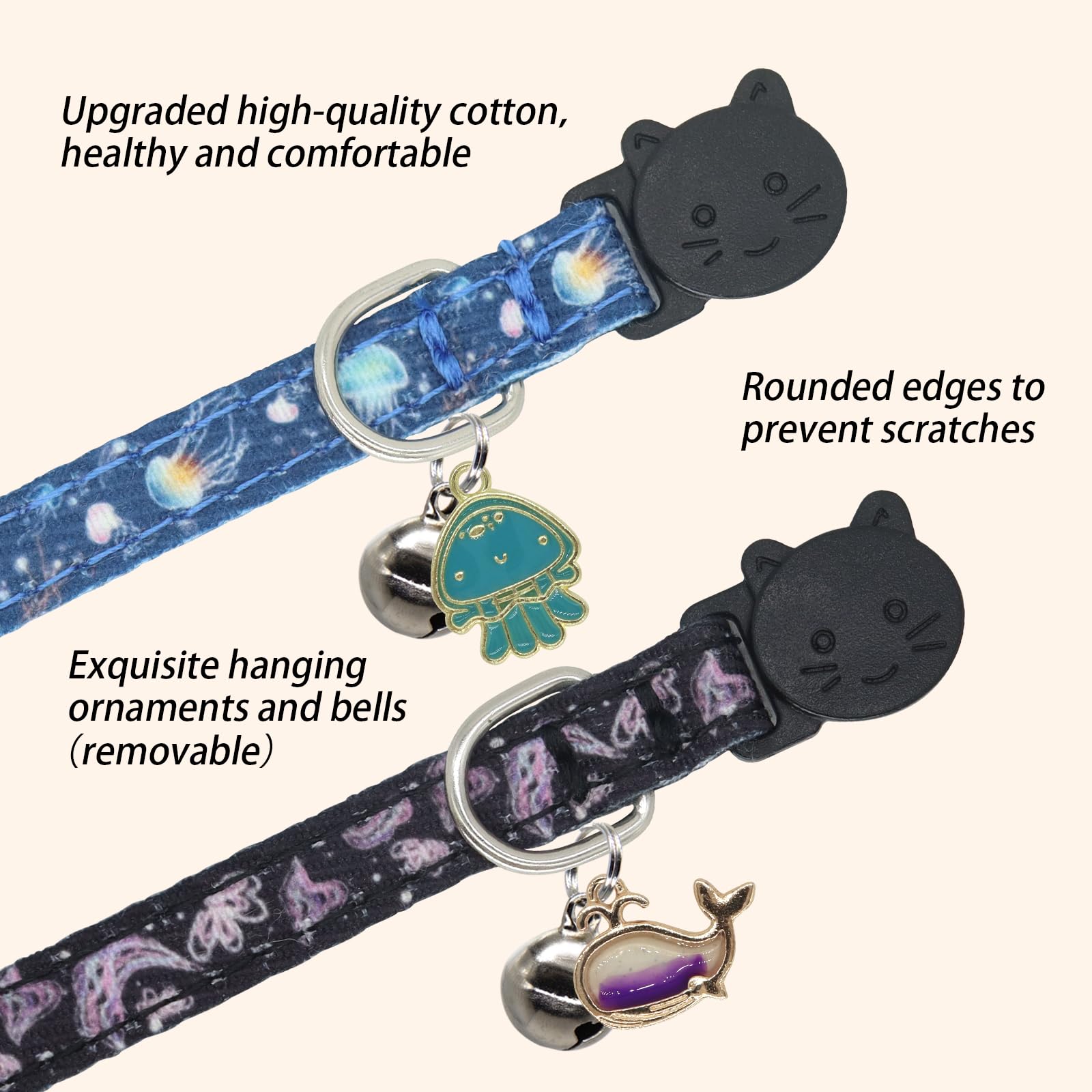 Giecooh Cotton Cat Collar, 2 Pack Breakaway Cats Collars With Bells, For Girl Boy Kittens, Ocean