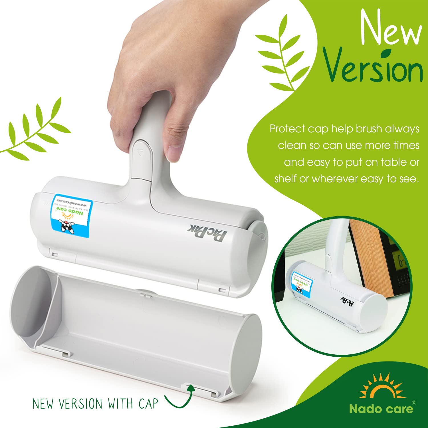Nado Care Pet Hair Remover - Self-Cleaning Lint Roller for Dogs & Cats - White, Plastic Model Nado-R