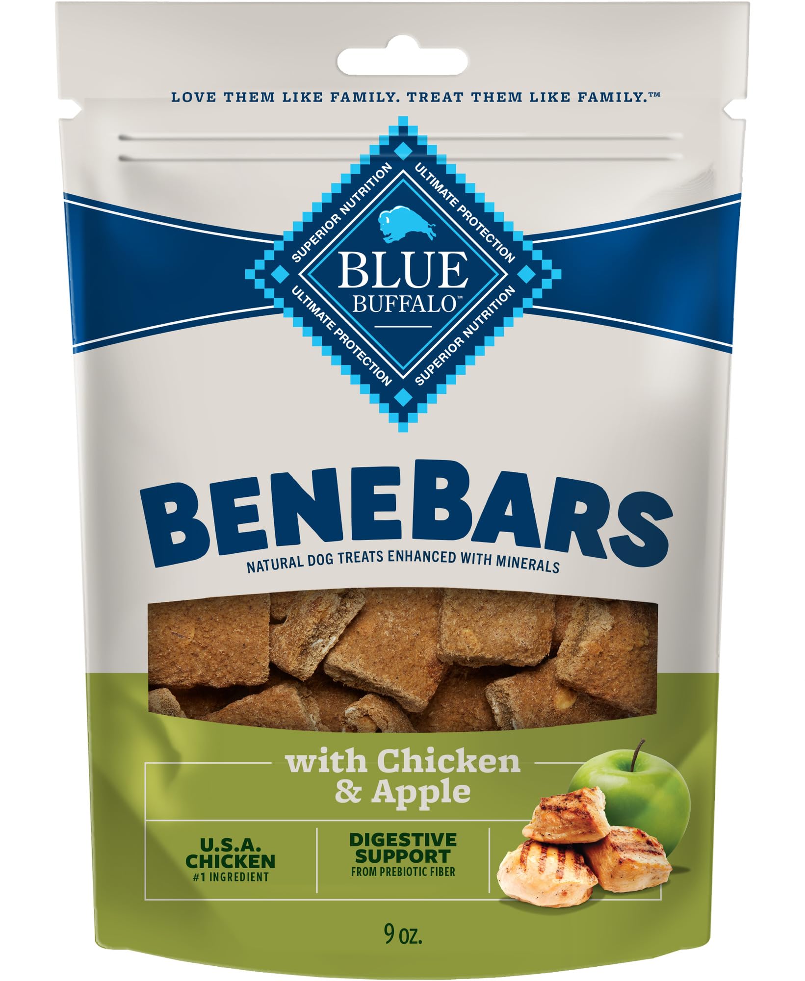 Blue Buffalo BeneBars Digestive Support Dog Treats with Prebiotic Fiber, Made with Natural Ingredients, USA Chicken & Apple, 9-o