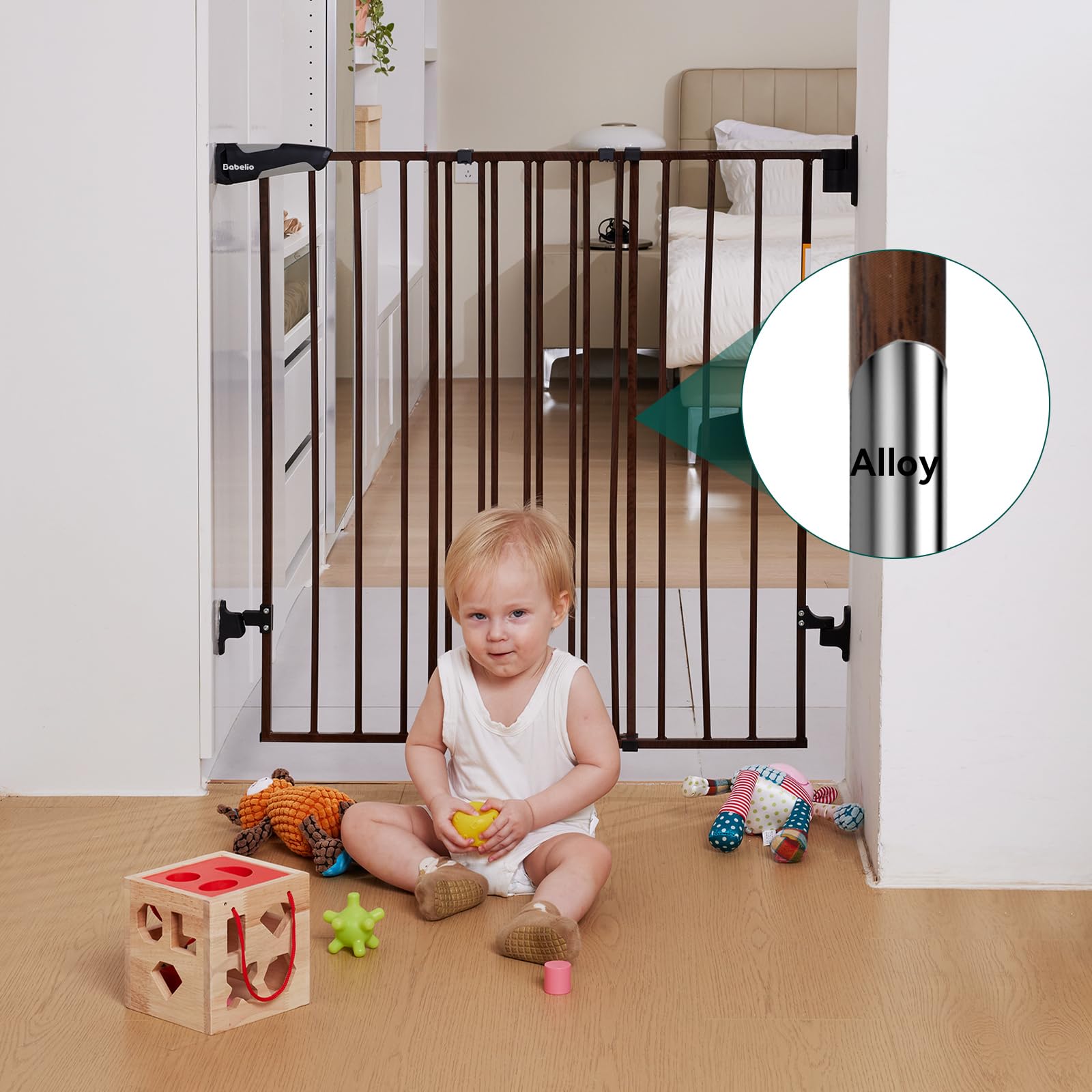 Babelio 34' Extra Tall Baby/Dog Gate With No Threshold Design Walk Thru Door, 26-43' Auto Close Safety Gate For Babies, Elders And Pets, Fits Doorways, Stairs, And Entryways, Black Wood Pattern