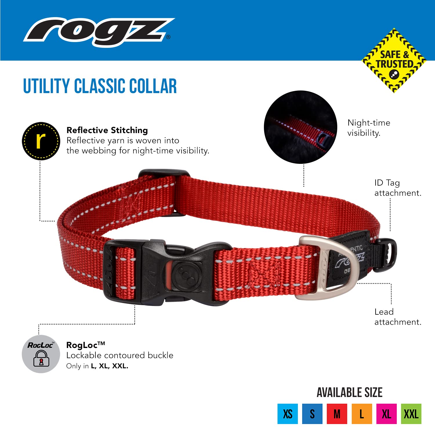 Rogz Utility Small 3/8-Inch Reflective Nitelife Dog Collar, Red