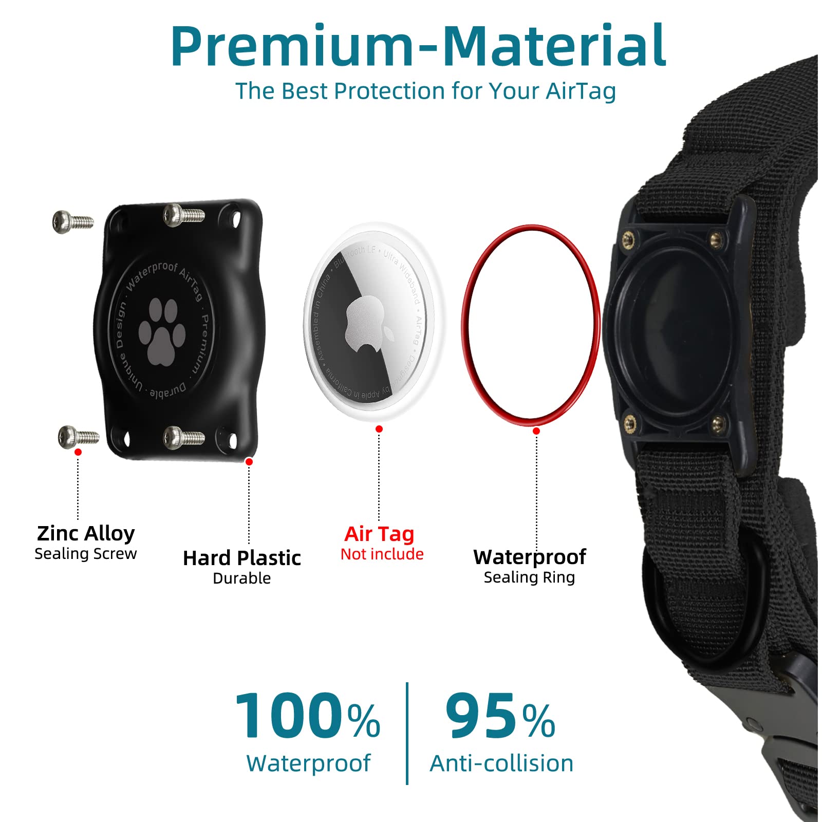 Tactical Airtag Dog Collar, 100% Waterproof Integrated Apple Air Tag Dog Collars With Hard Pc Airtag Holder, Adjustable Military