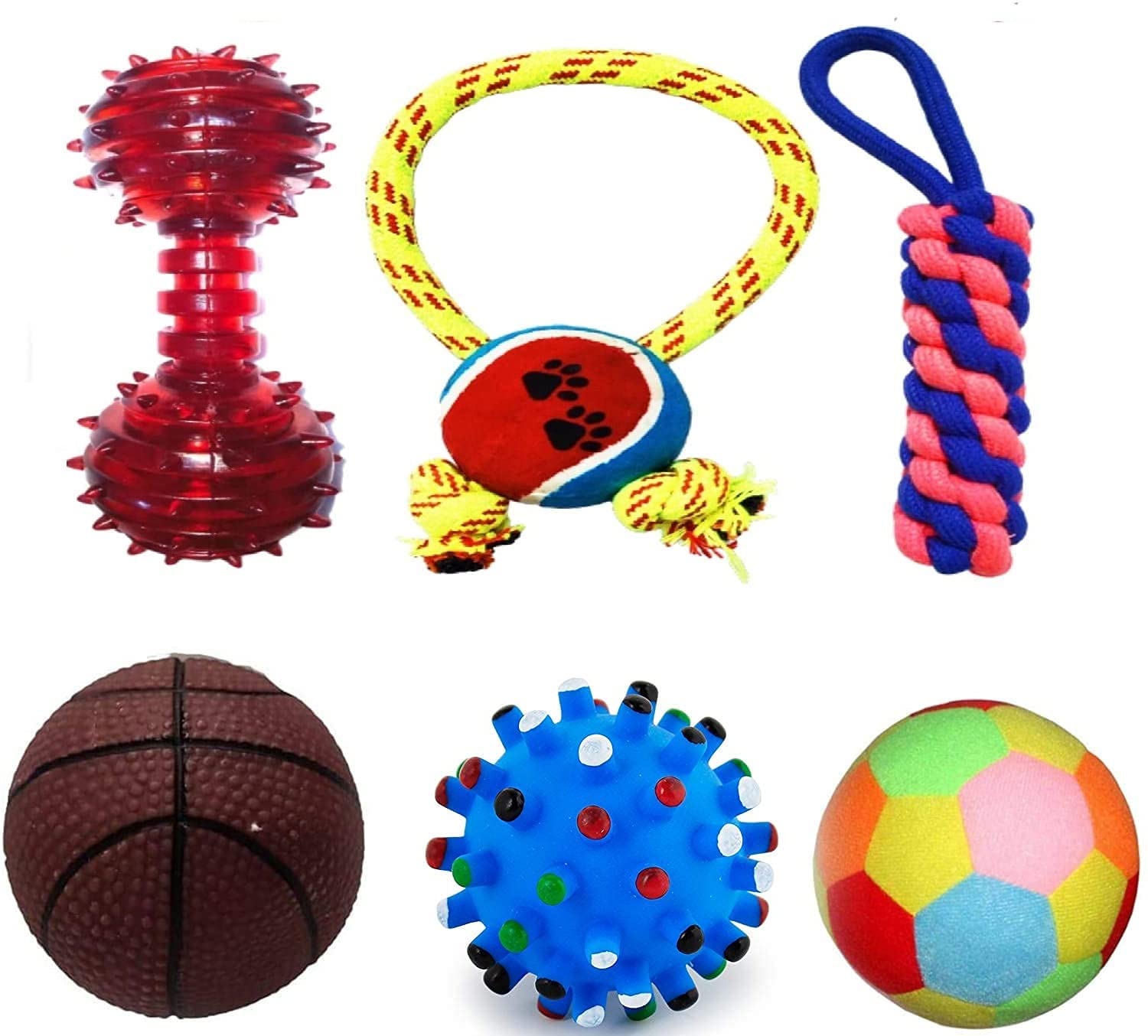 RvPaws Puppy Ball 5 in 1 Combo  Rattle Ball | Spiked Ball | Squeaky Brown Ball | Spiked Dumbbell | Cotton Toy Dummy | Dog Toy T