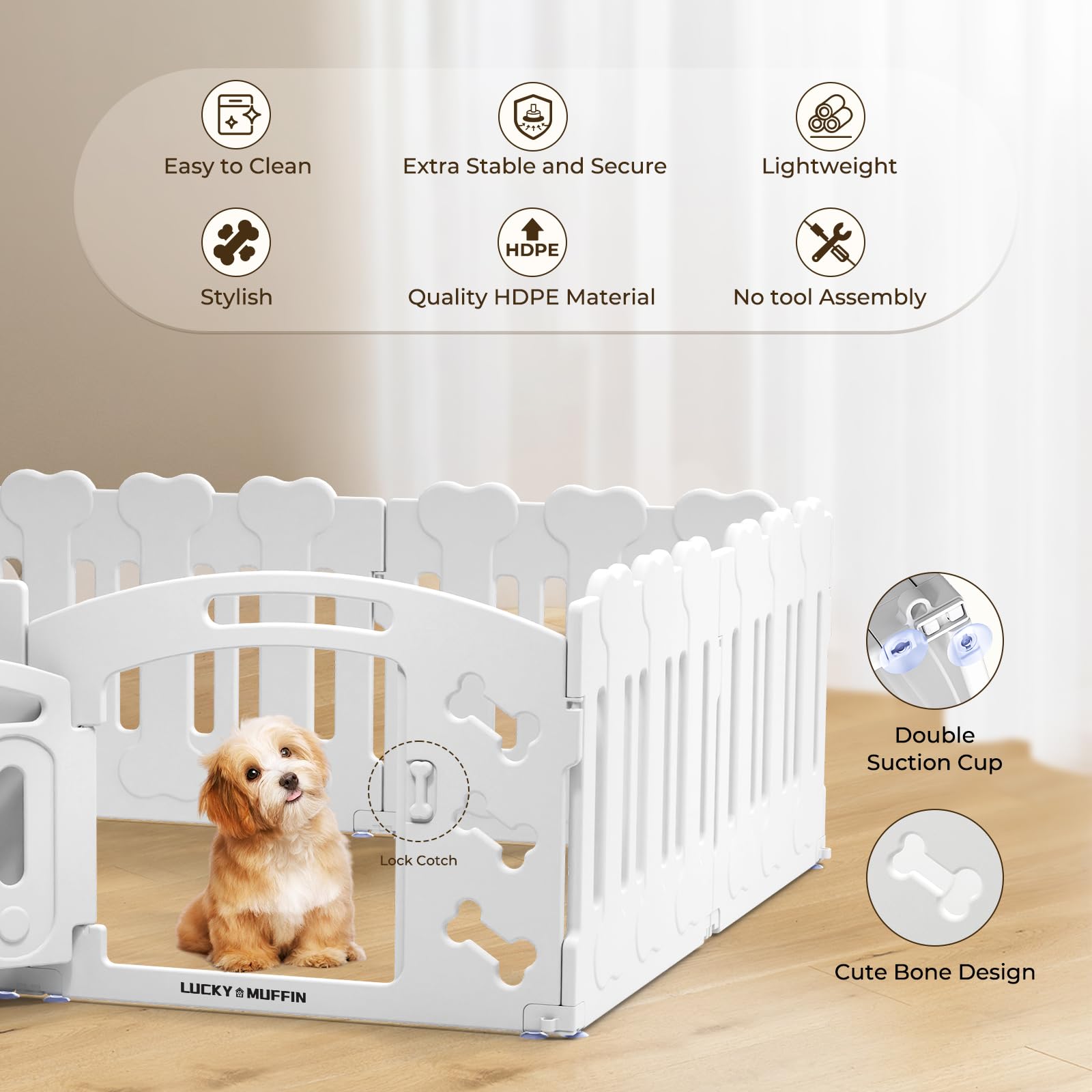 LUCKY MUFFIN Dog Playpen & Whelping Box, 8-Panel Lightweight Plastic Fence, Regular Size, White, Model LM-WB1-REG-WT-8