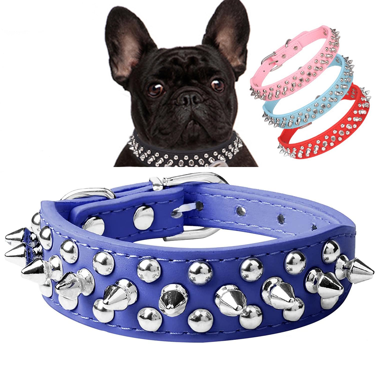 Serijoars Spiked Dog Collar Soft Pu Leather Mushrooms Rivet Spike Studded Dog Collar Adjustable Puppy Collars (L, Dark Blue)
