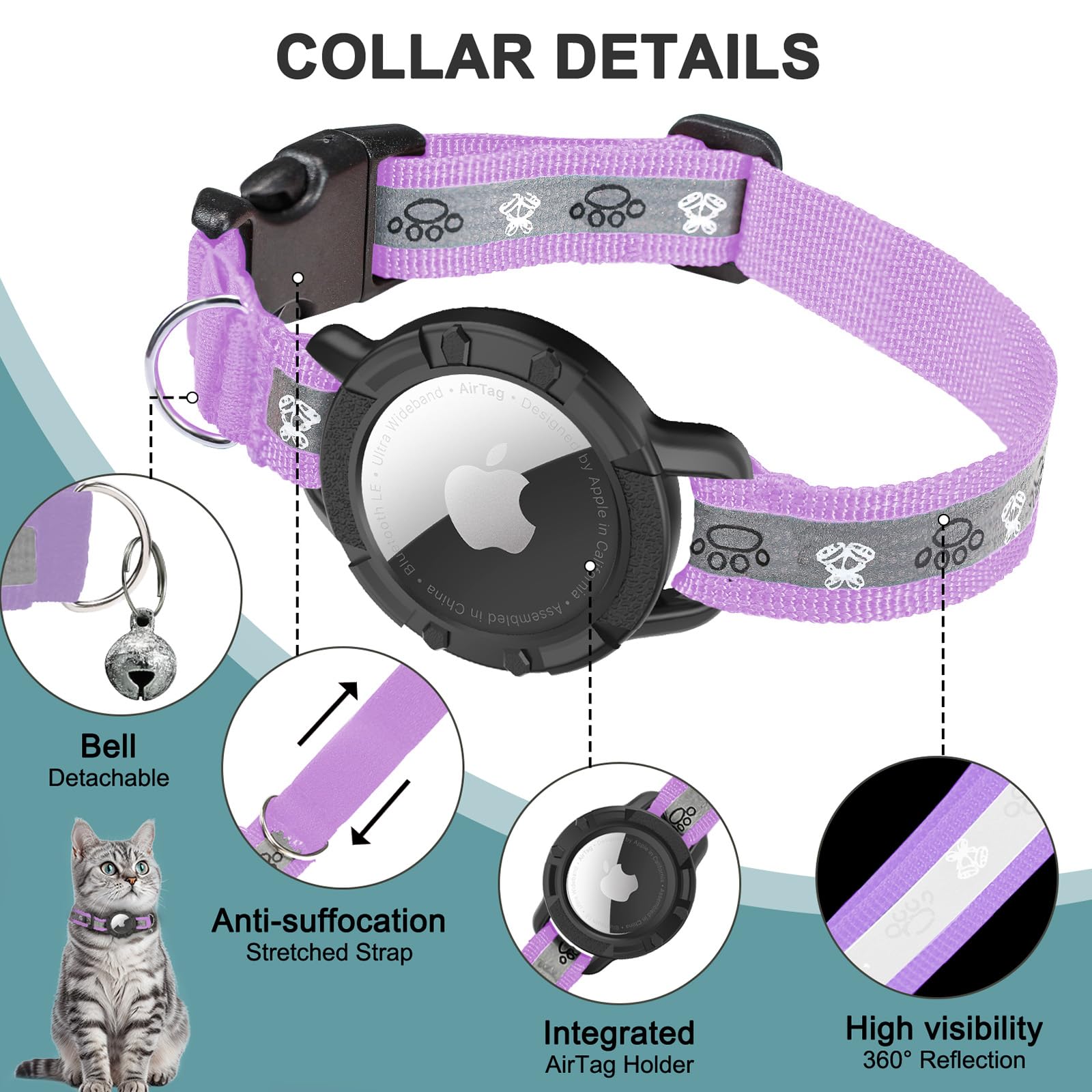 Reflective Airtag Cat Collar, Integrated Cat Tracker Collar With Air Tag Holder And Bell, Safety Elastic Band Cat Gps Collars Fo