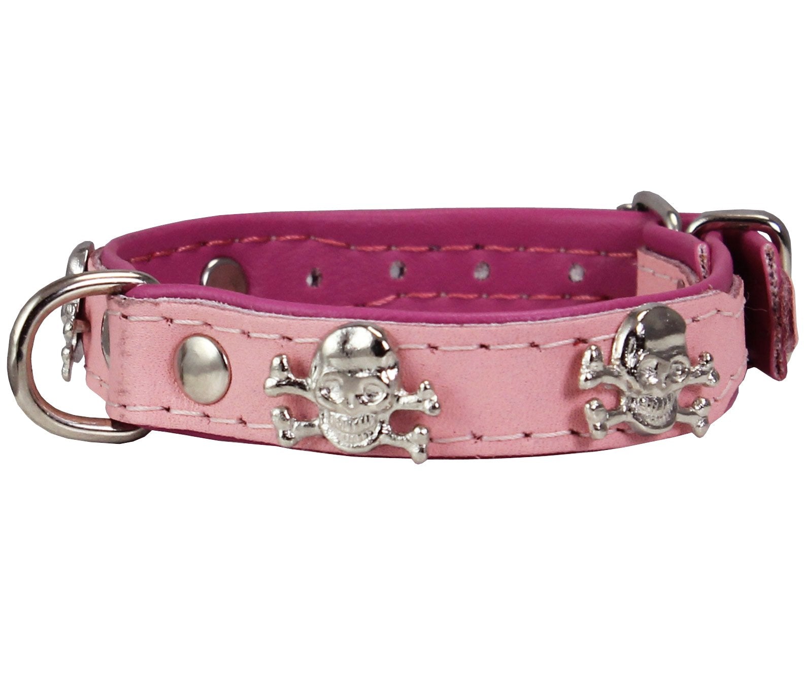 Real Leather Skull Studded Padded Dog Collar (6'-7.5' Neck; 1/2' Wide, Pink/Baby-Pink)