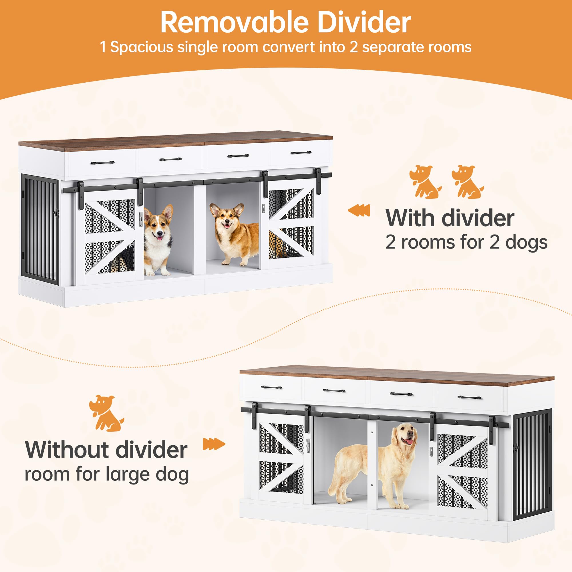 OtterOasis Extra Large Wooden Dog Crate for 2 Dogs, 71'' Indoor Kennel with Removable Divider & 4 Storage Drawers, Model HKJJ-CWSGL