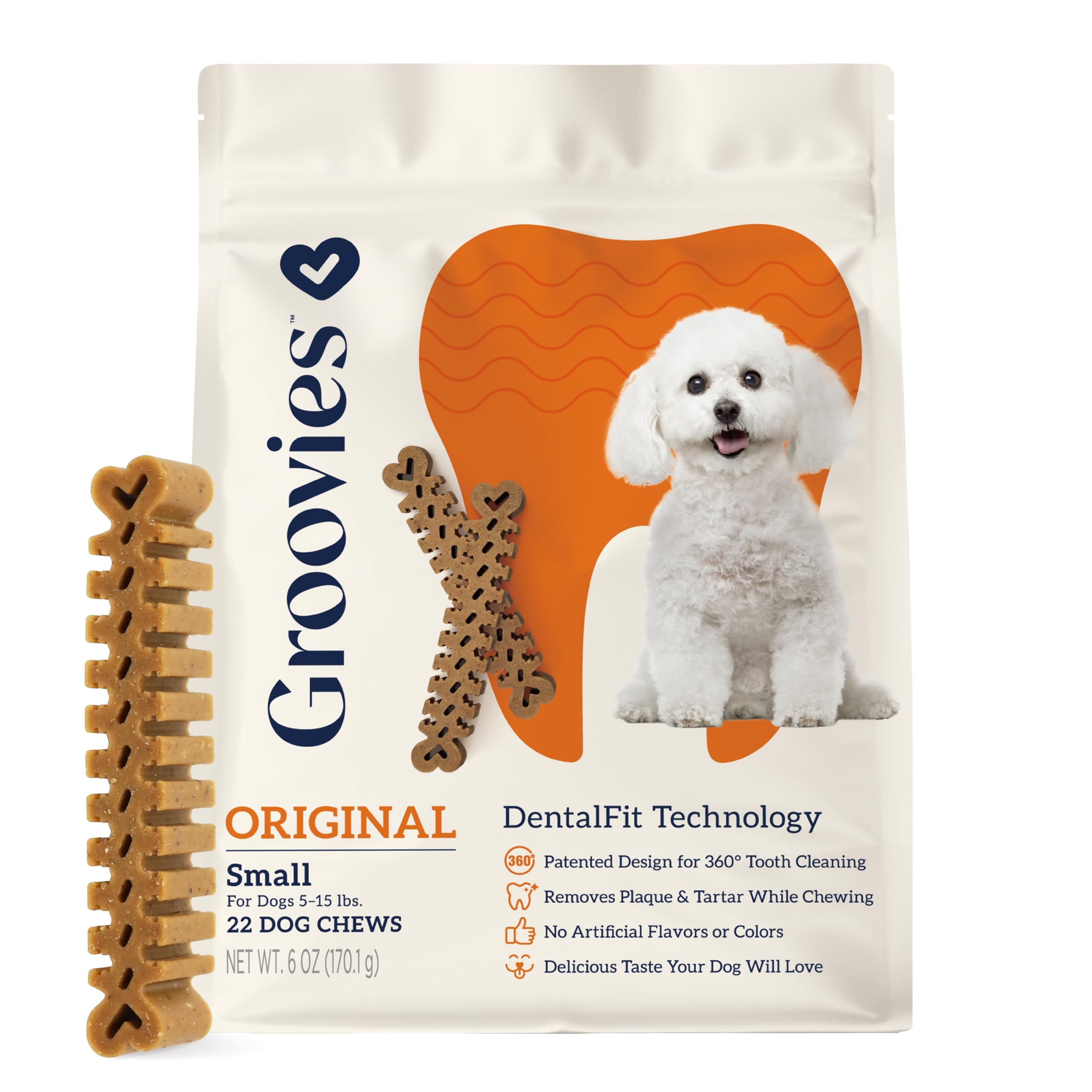 Groovies Flexible Dog Dental Chews with Patented DentalFit Technology to Help Support Tartar Control & Fresh Breath, Small Dog C