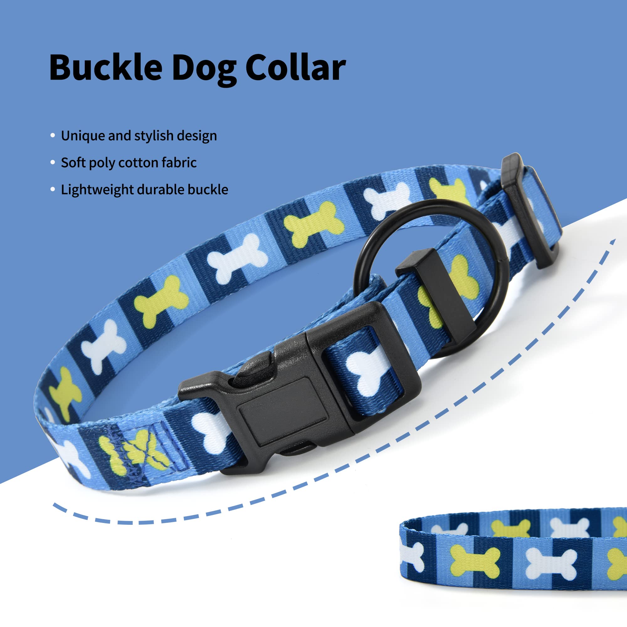 Mile High Life Dog Collar | Nylon Puppy Collars W Cute Patterns | Lightweight Girl Dog Collar | Boy Dog Collar For Small/Medium/Large Dogs (Blue Bone, Small)