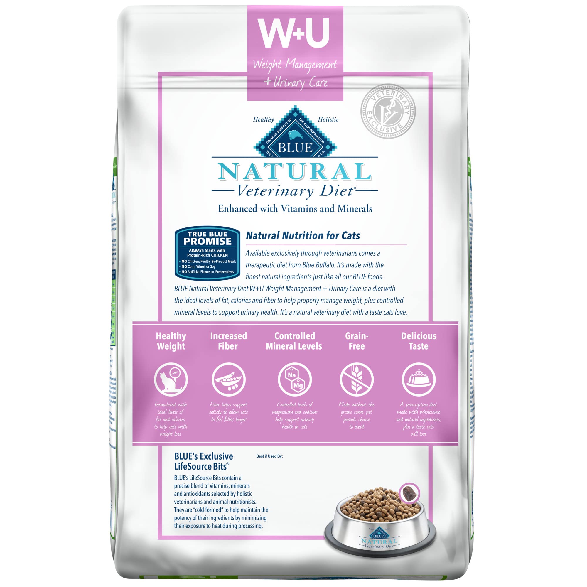 Blue Buffalo Natural Veterinary Diet W+U Weight Management + Urinary Care Dry Cat Food, Veterinarian Prescription Required, Chic
