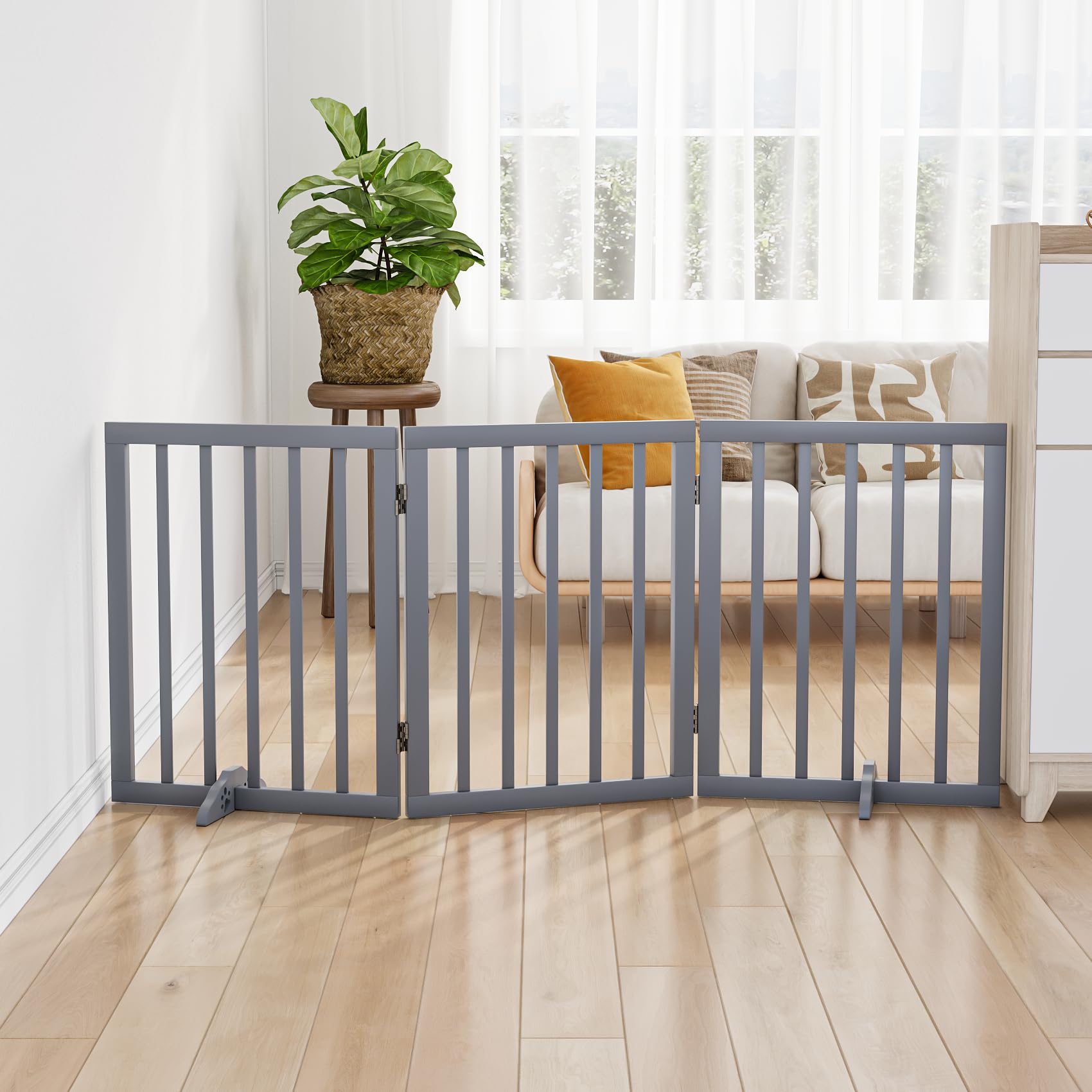 Mino Kesper Freestanding Wooden Dog Gate - 24 Inch Tall, Support Feet, Step Over, Indoor