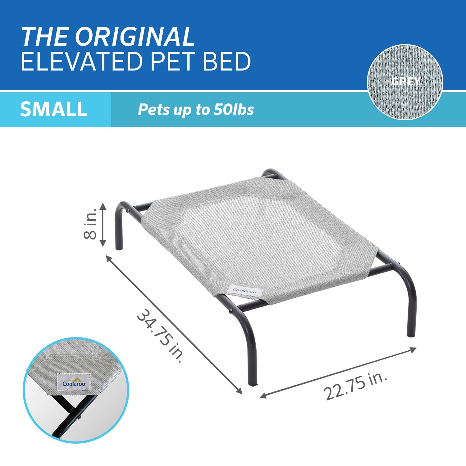 Coolaroo Elevated Dog Bed - Cooling Indoor/Outdoor, Small, Grey, Alloy Steel, Model 436032, 35"L x 22"W x 8"Th