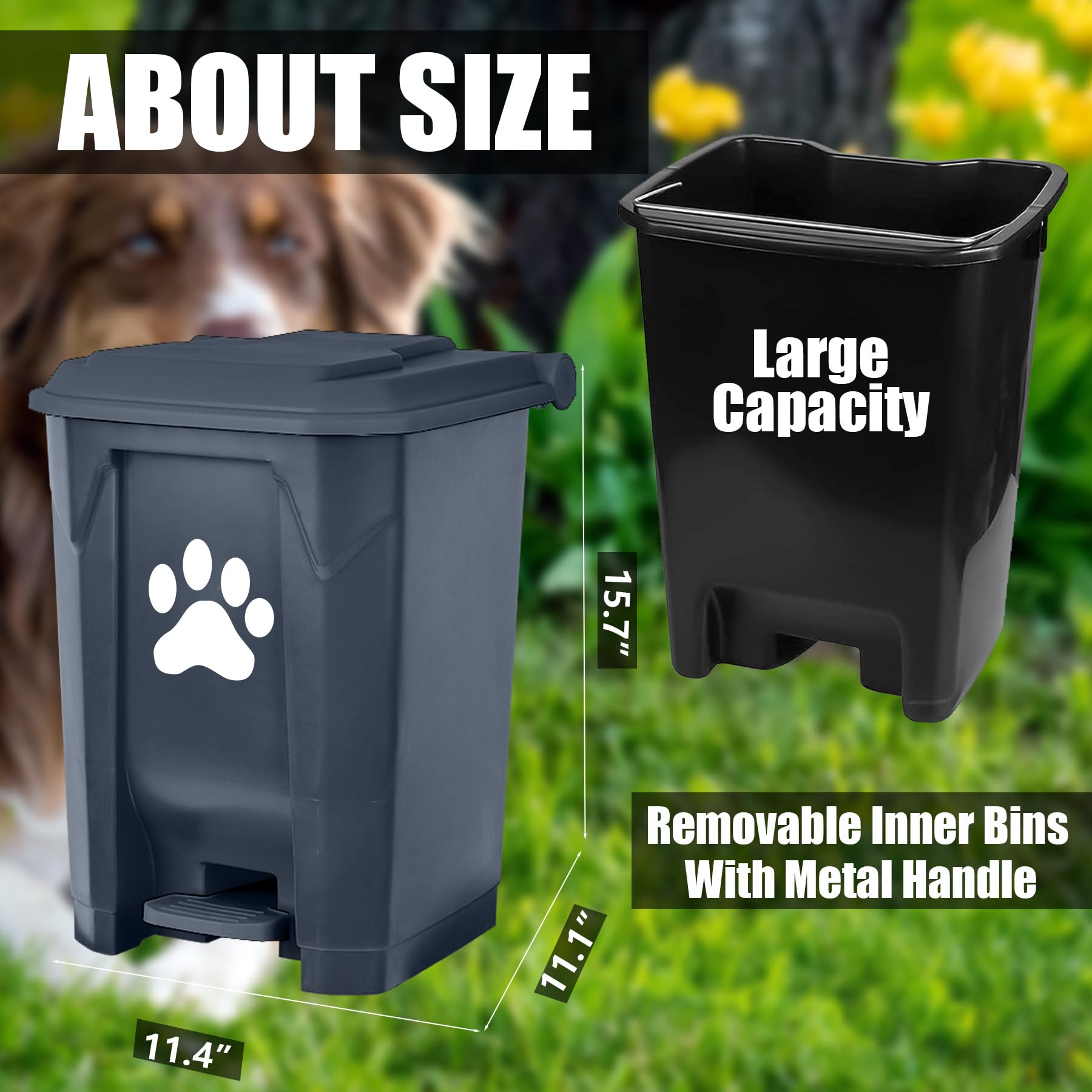 tebiete Dog Poop Trash Can - Grey Plastic Waste Station with Lid, Hands-Free Pedal, 1Pack