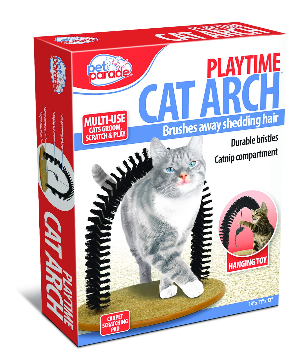 Pet Parade Self-Grooming Playtime Cat Arch - Helps Prevent Hairballs & Controls Shedding - Includes Hanging Toy, Black