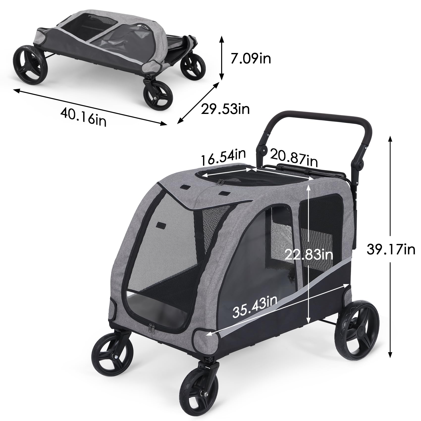 Saudism Large Dog Stroller - Foldable, Adjustable Handle, Gray - Supports Up to 130 lbs, for Medium & Large Dogs