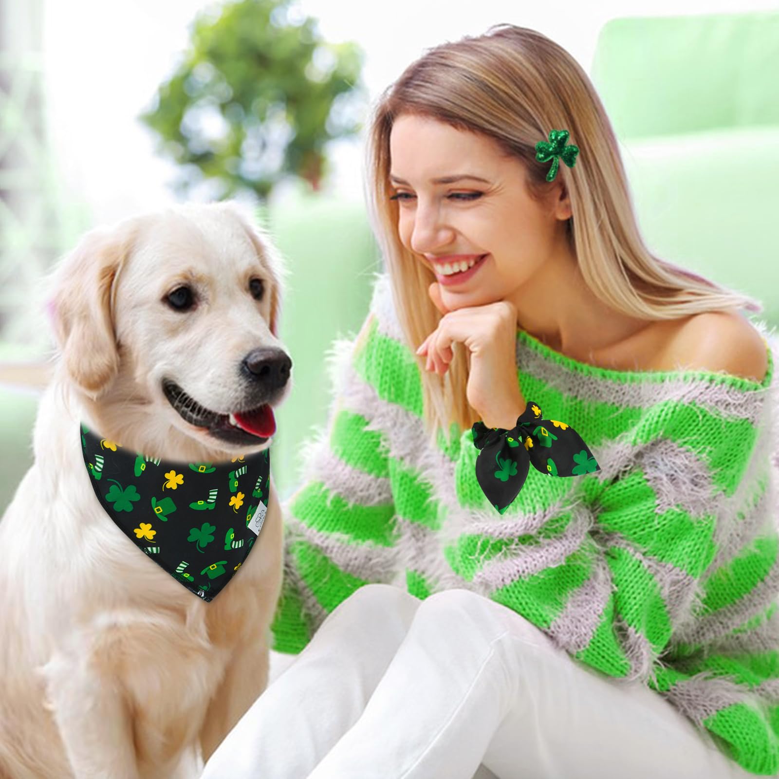 E-Clover Spring Dog Bandana & Matching Scrunchie-Shamrock Dog Bandanas Irish Pet Scarf Bib For Medium Large Dogs Girl Boy Owner