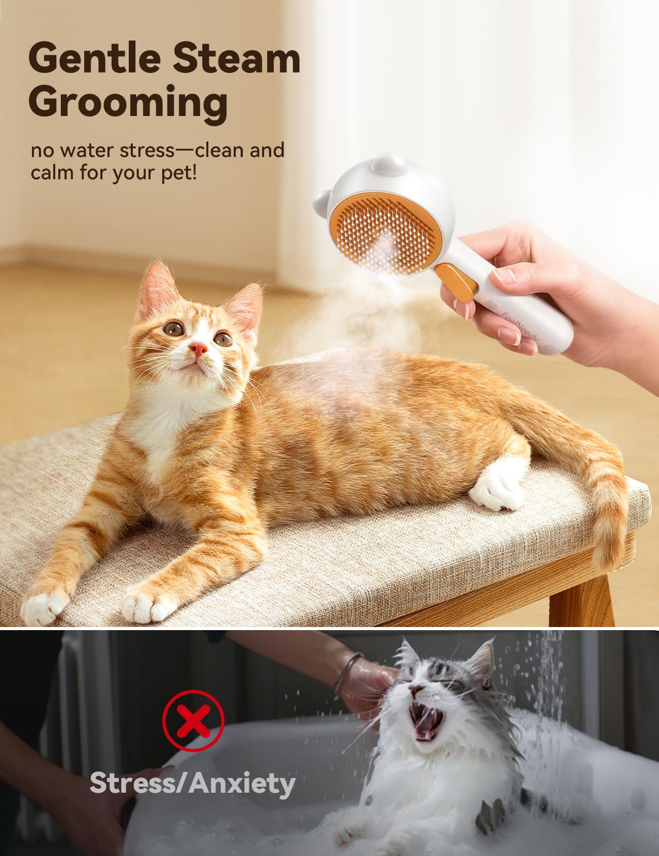 Pet Steam Brush for Dogs & Cats, Brushes for Indoor Cats with Release Button, Dual Speed Spray USB Rechargeable Grooming Supplie