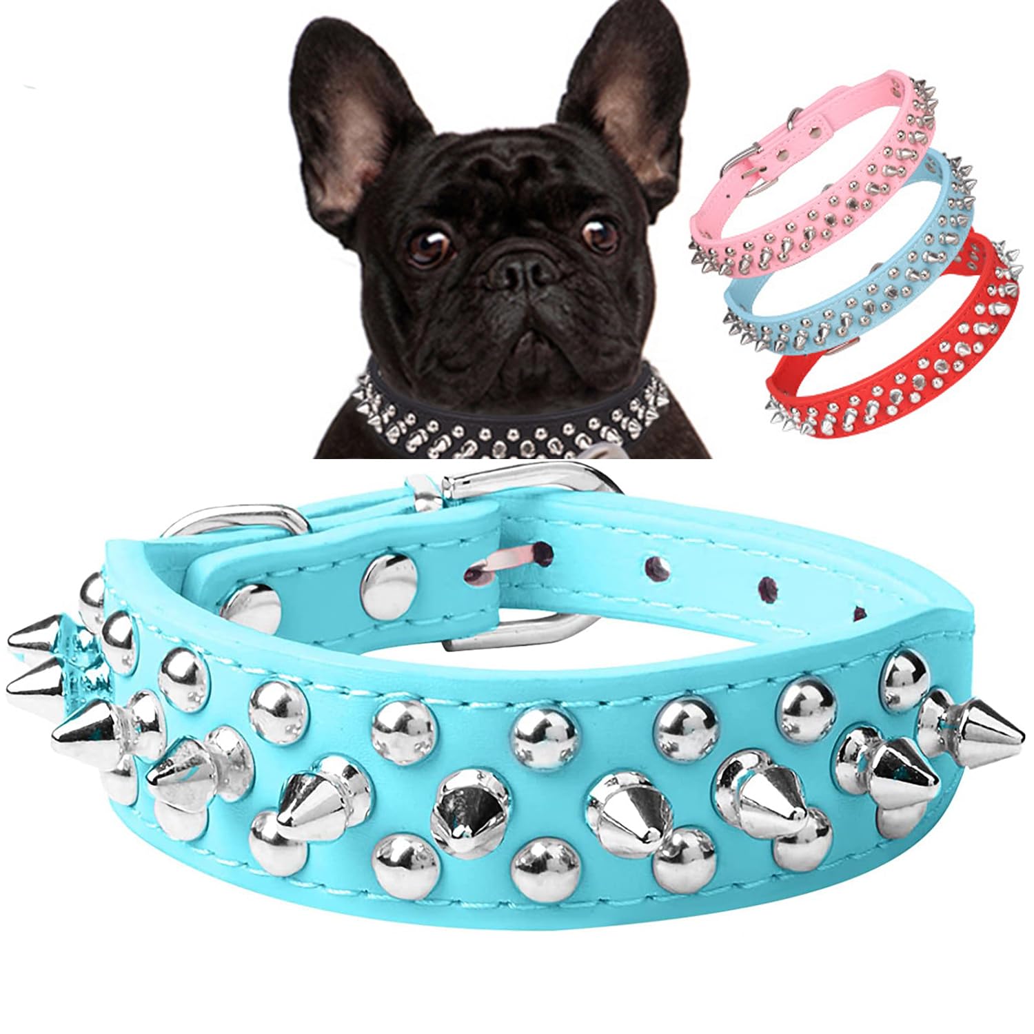 Serijoars Spiked Dog Collar Soft Pu Leather Mushrooms Rivet Spike Studded Dog Collar Adjustable Puppy Collars (L, Light Blue)