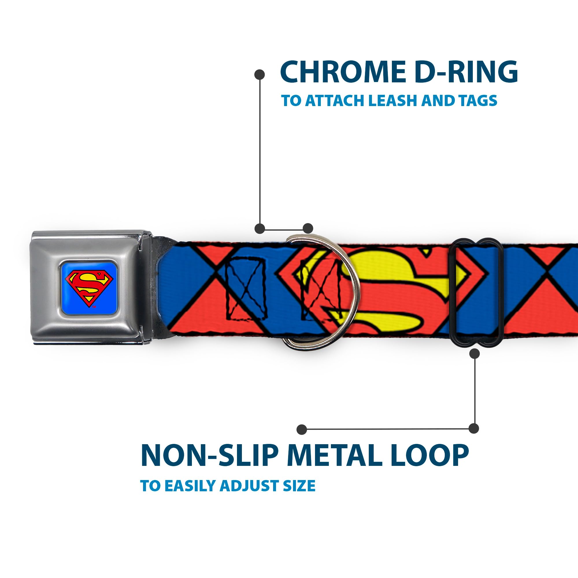 Buckle-Down Dog Collar Seatbelt Buckle Superman Shield Close Up Blue Red Yellow 15 To 26 Inches 1.0 Inch Wide