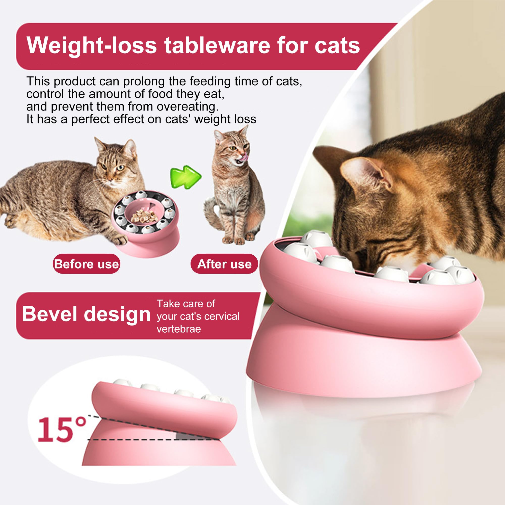 Interactive Cat Puzzle Feeder Bowl - Slow Feed Toy for Cats - Healthy Eating - BPA-Free, Easy to Clean, Anti-Slip Base (Pink)