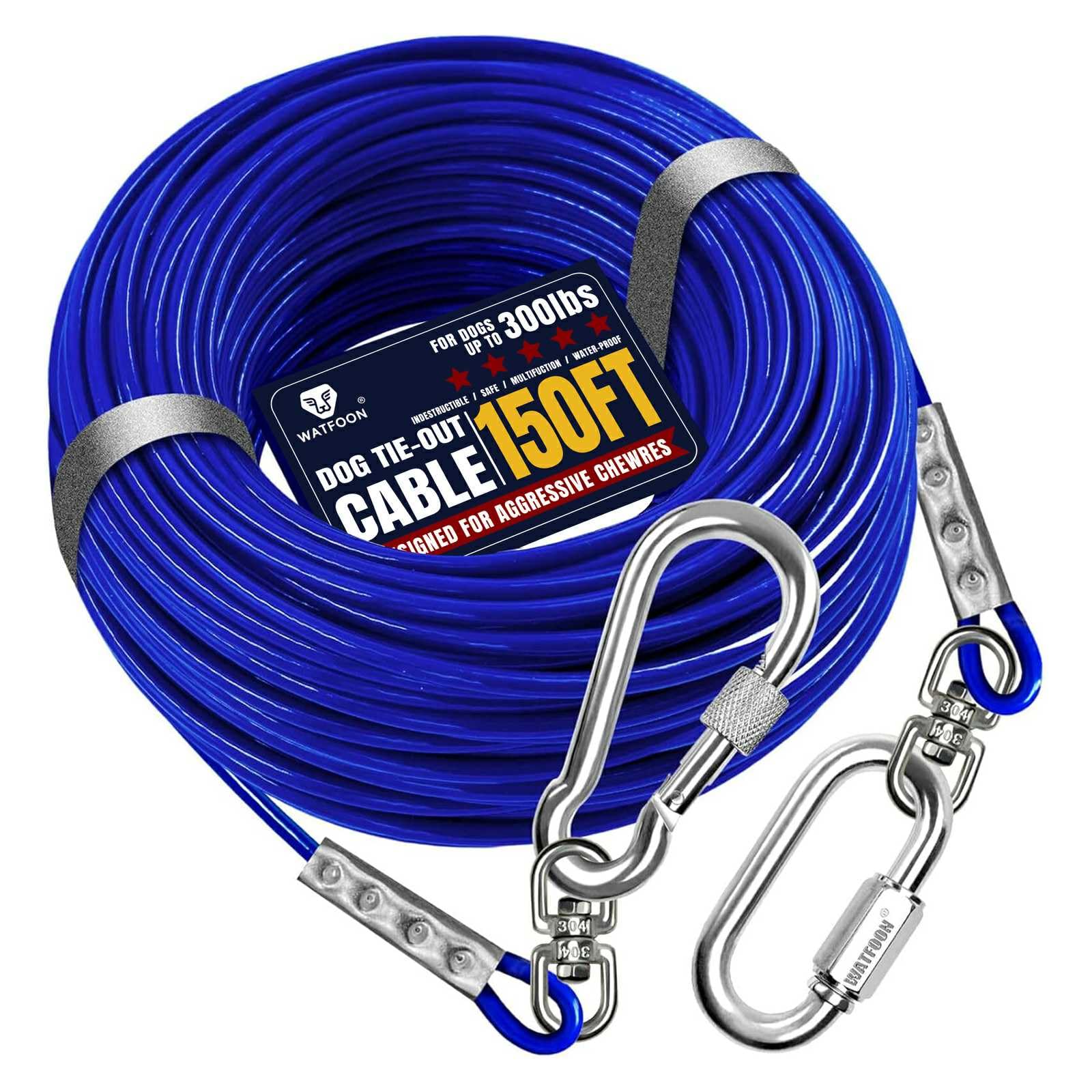 Watfoon Tie Out Cable For Dogs Up To 300 Lbs, 150Ft Extra Strong 1000+Pound Break Strength Tieout Tether Trolley Training Lead, 