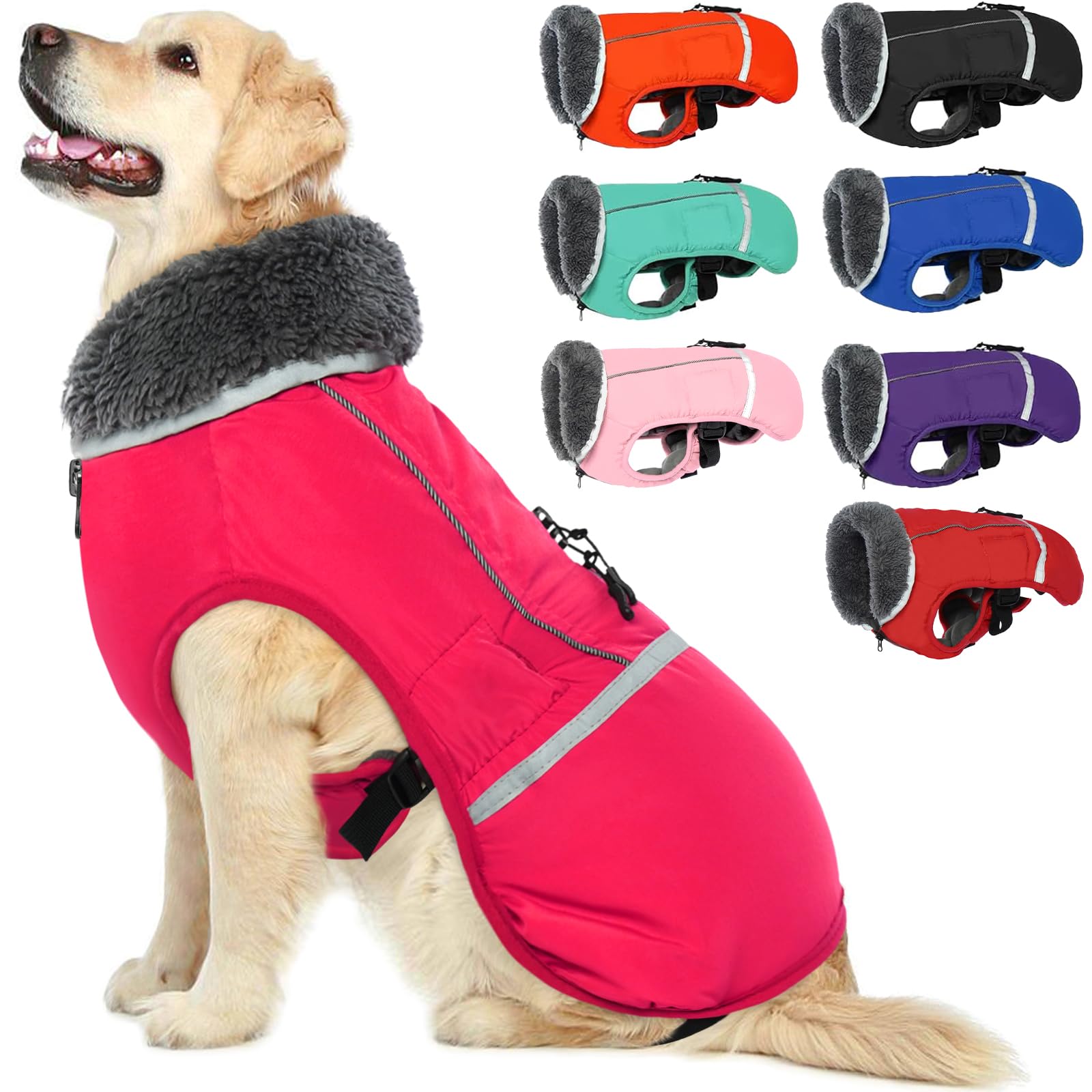 Qbleev Warm Dog Coat Reflective Dog Jacket, Waterproof Dog Winter Coat Turtleneck Dog Clothes For Cold Weather, Thick Fleece Dog