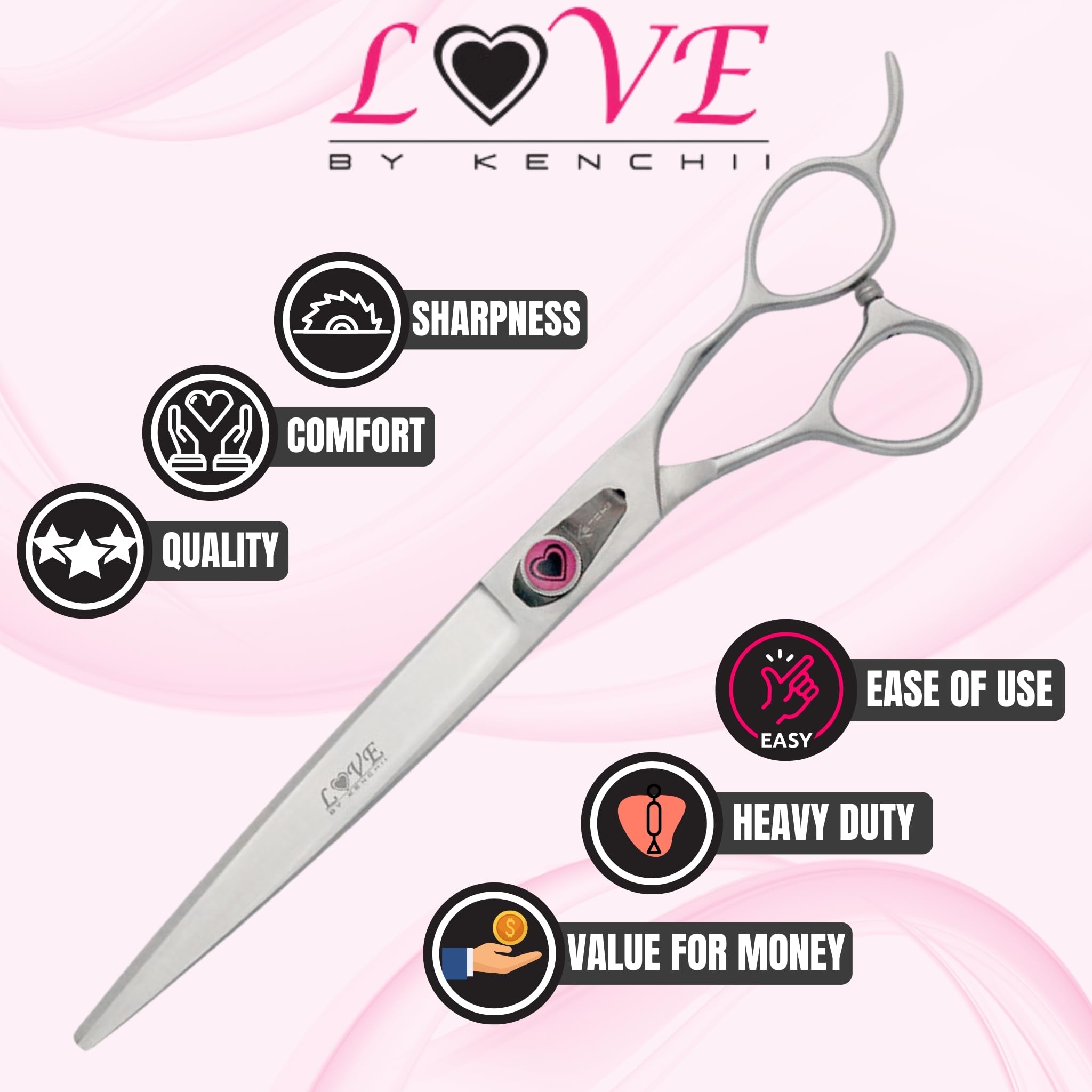 Kenchii Love Dog Grooming Scissors, 8 Inch Straight Shears, Dog Scissors For Grooming, Professional Pet Grooming Scissors, Heavy
