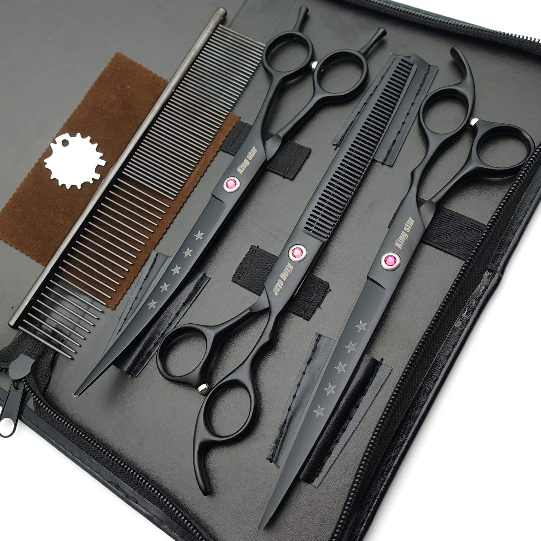 Kingstar Professional Pet Grooming Scissors Set, 8in Stainless Steel, Matt Black, Includes Straight, Thinning, Curved, Model A559
