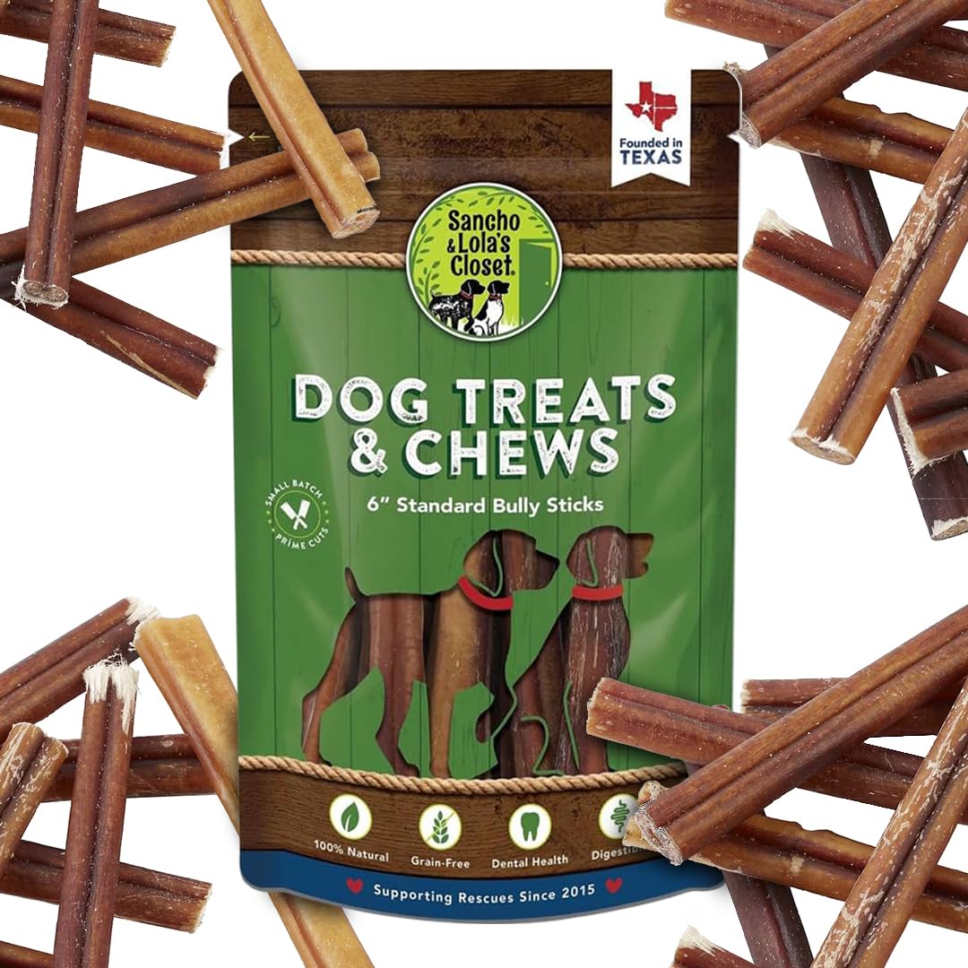 Supreme 6-inch Standard Bully Sticks by Sancho and Lolas (25 Pack) All-Natural, Long-Lasting Dog Chew Treats - Free-Range, Grass