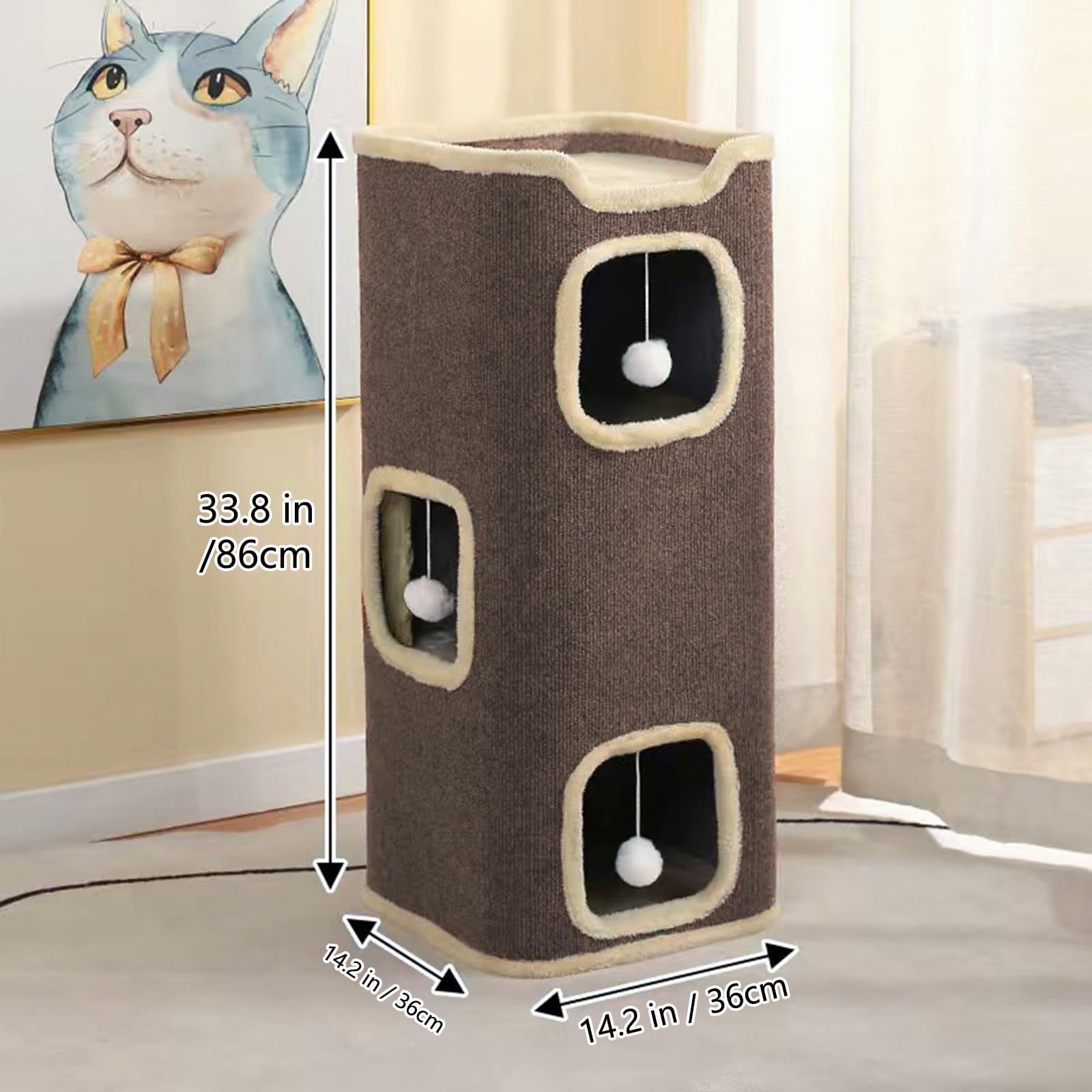 Pempet Cat House For Indoor Cats Beds, Multi-Level Cat Condo Foldable Cat Cave (3-Level)