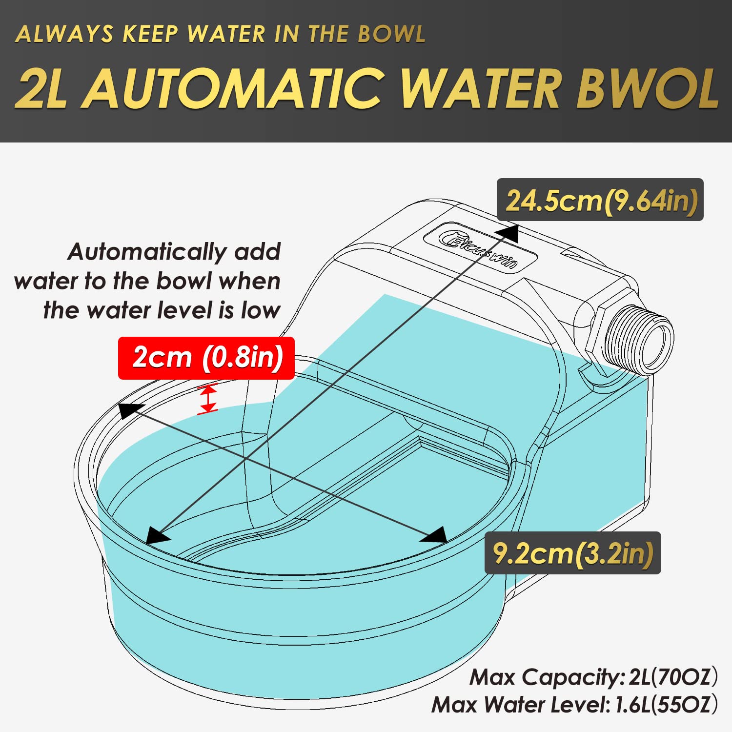 Patented Automatic Dog Water Dispenser - 70Oz, 2L Bowl, Fits 3/4In Ght Male Connector, Outdoor, Auto Fill, 5Ft Hose