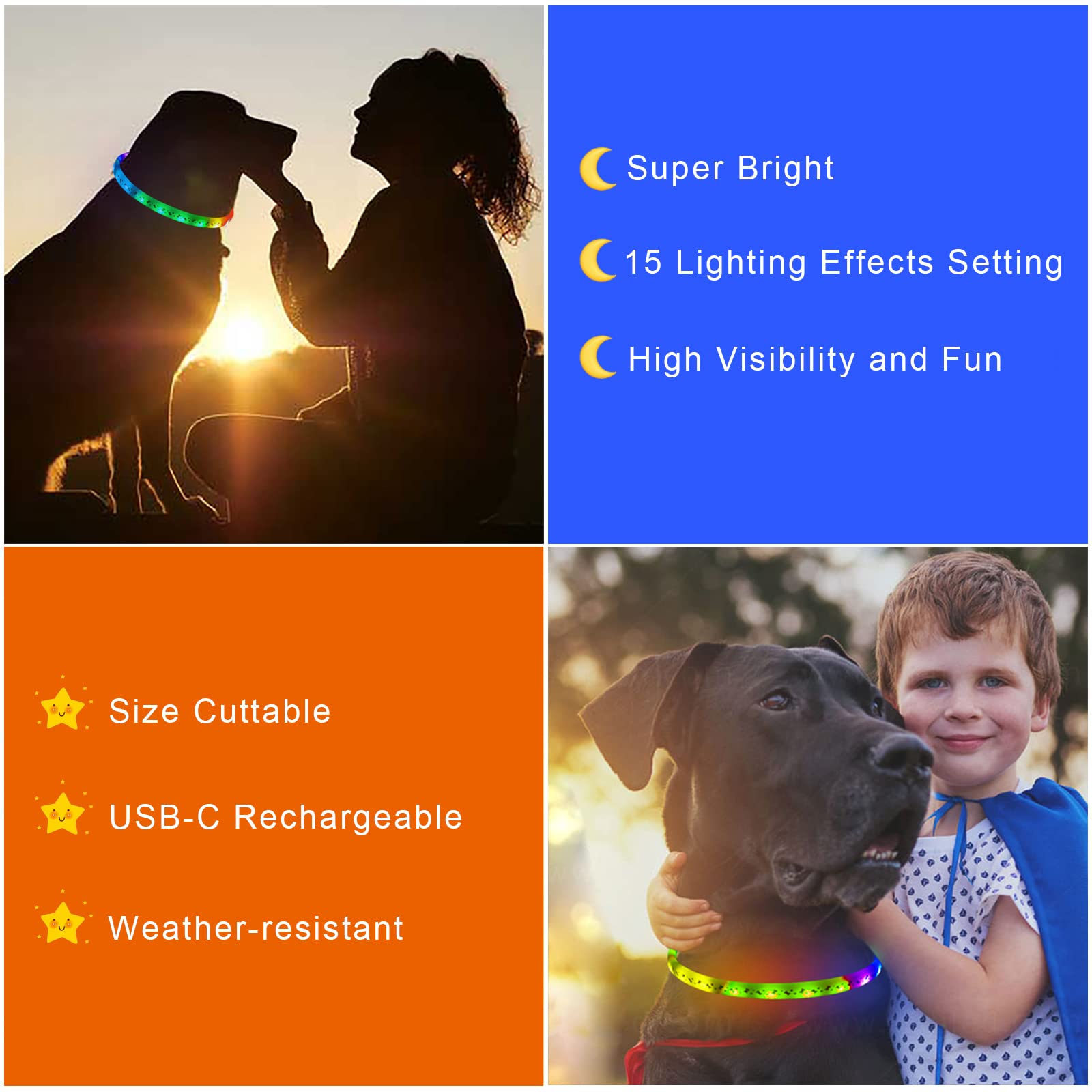 Led Dog Collar - Color Changeable Light Up Dog Collars Usb Rechargeable,15 Light Effects Glow In The Dark Collar Weatherproof Fi