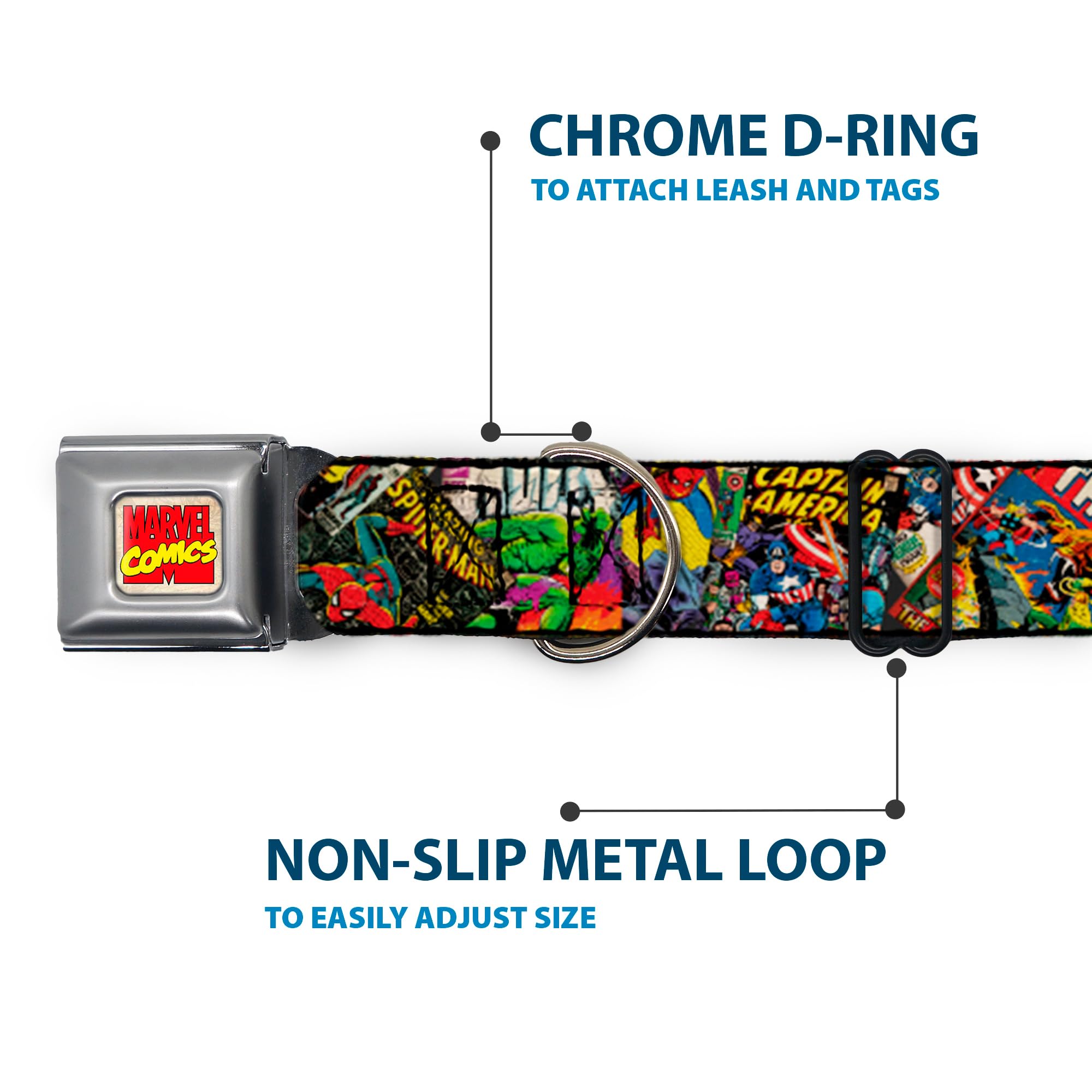Buckle-Down Seatbelt Buckle Dog Collar - Retro Marvel Comic Books Stacked Close-Up - 1' Wide - Fits 9-15' Neck - Small