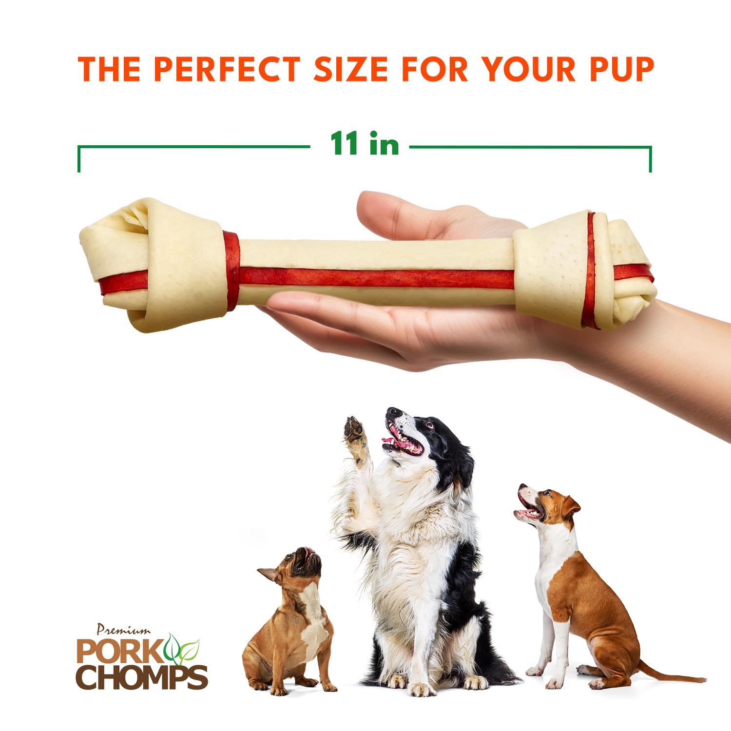 Pork Chomps Baked Pork Skin Dog Chews, 11-inch Knots, Bacon Flavor Strip, 4 Count