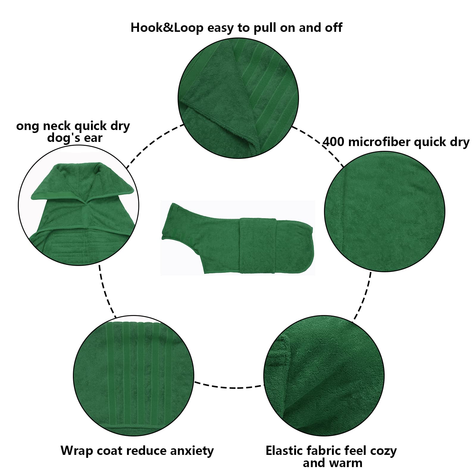 Dog Drying Coat Dressing Gown Towel Robe Pet Microfibre Super Absorbent Anxiety Relief Designed Puppy Fit For Xs Small Medium Large Dogs - Green - Xxl