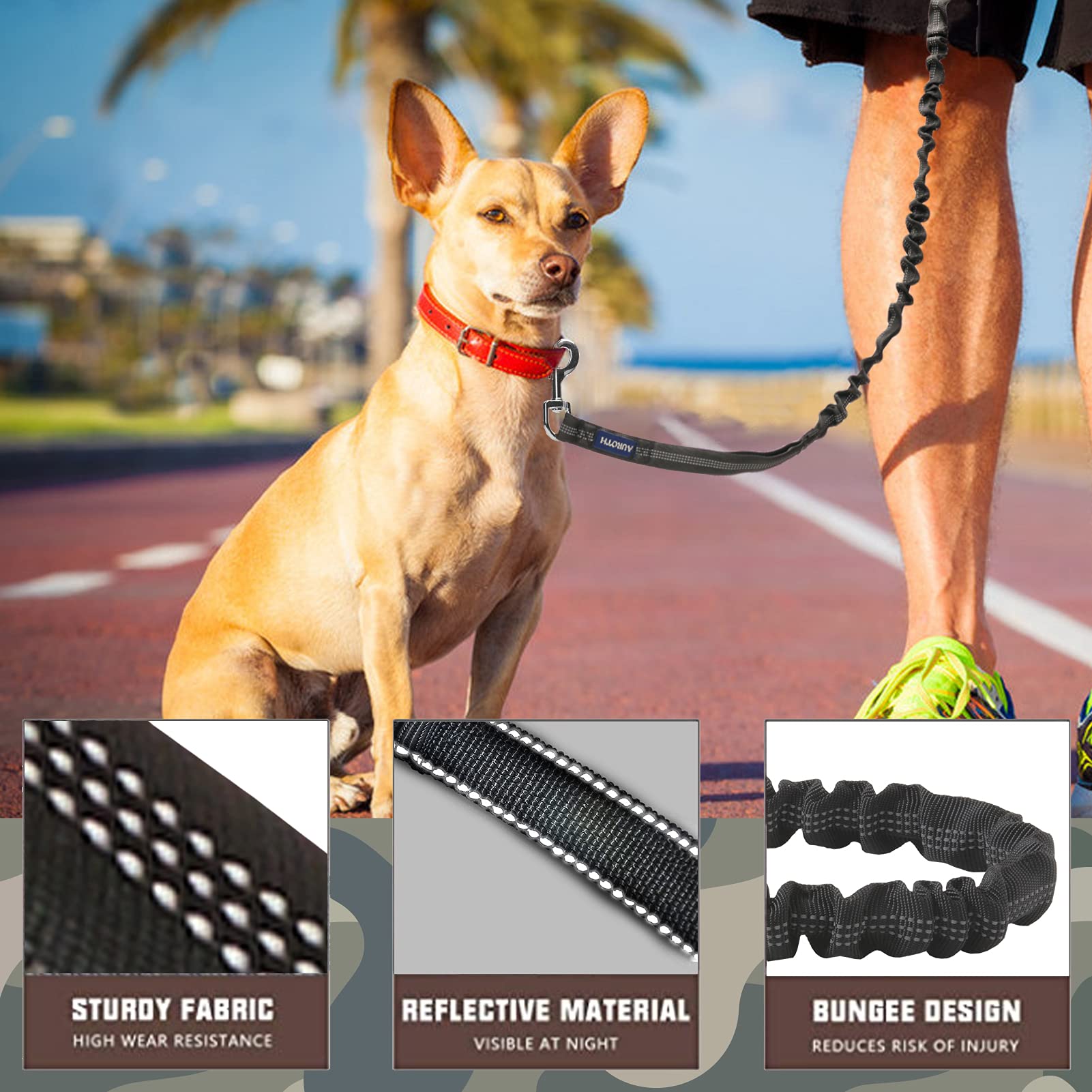 Auroth Heavy Duty Bungee Dog Leash For Medium Large Breed Dogs, No Pull For Shock Absorption With Car Seat Belt, 2 Padded Handle