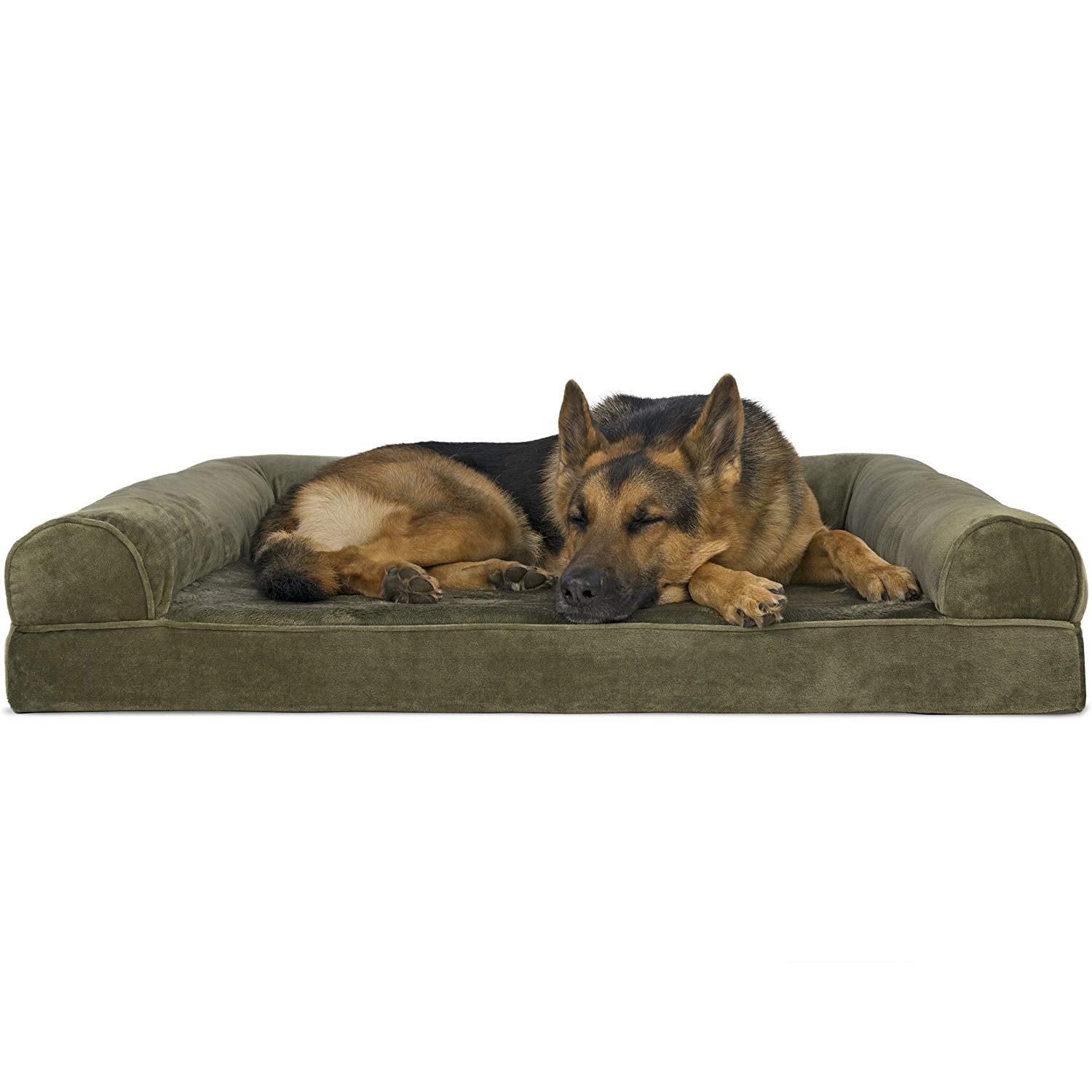Furhaven Orthopedic Dog Bed For Large Dogs W/ Removable Bolsters & Washable Cover, For Dogs Up To 95 Lbs - Faux Fur & Velvet Sofa - Dark Sage, Jumbo/Xl